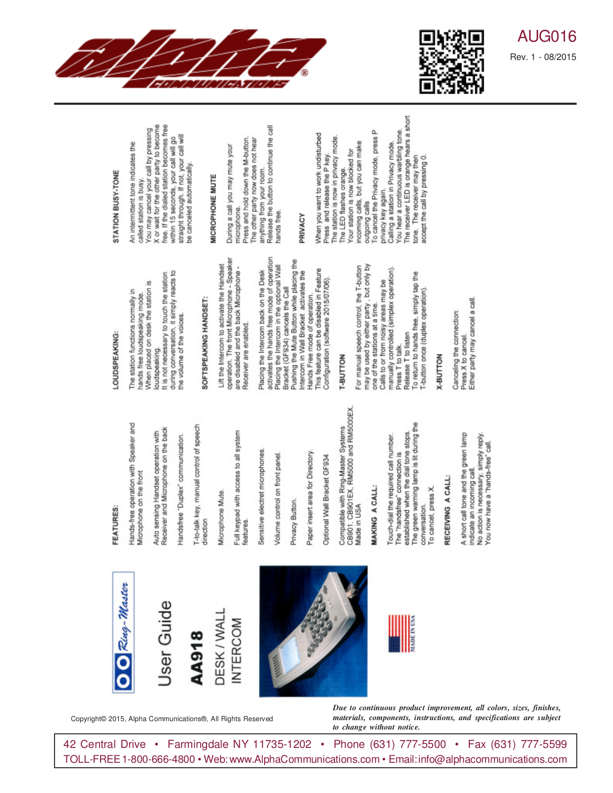 Alpha AA918BK, AA918GY, AA918RD User Manual