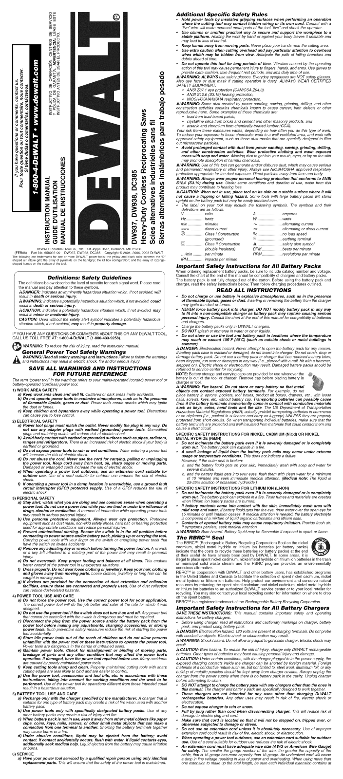 DeWalt DC385K TYPE1, DC385B TYPE2 Owner’s Manual