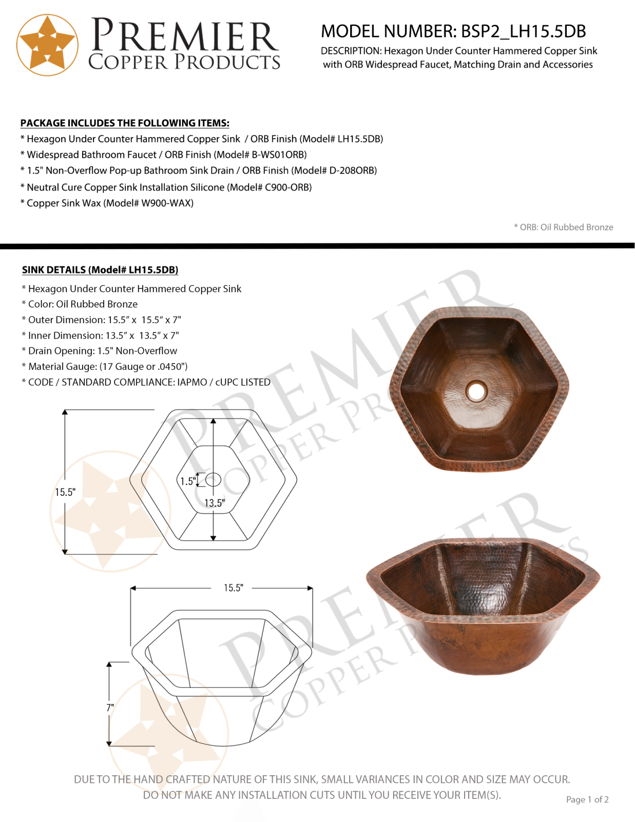 Premier Copper Products IER1475 Specifications - ManualMachine.com