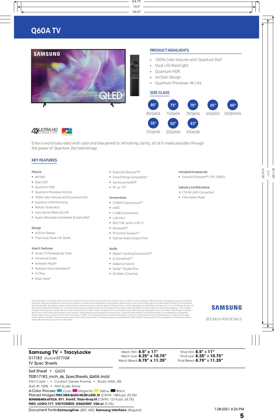 Samsung QN85Q60A, QN75Q60A, QN70Q60A, QN65Q60A, QN60Q60A Specification Sheet