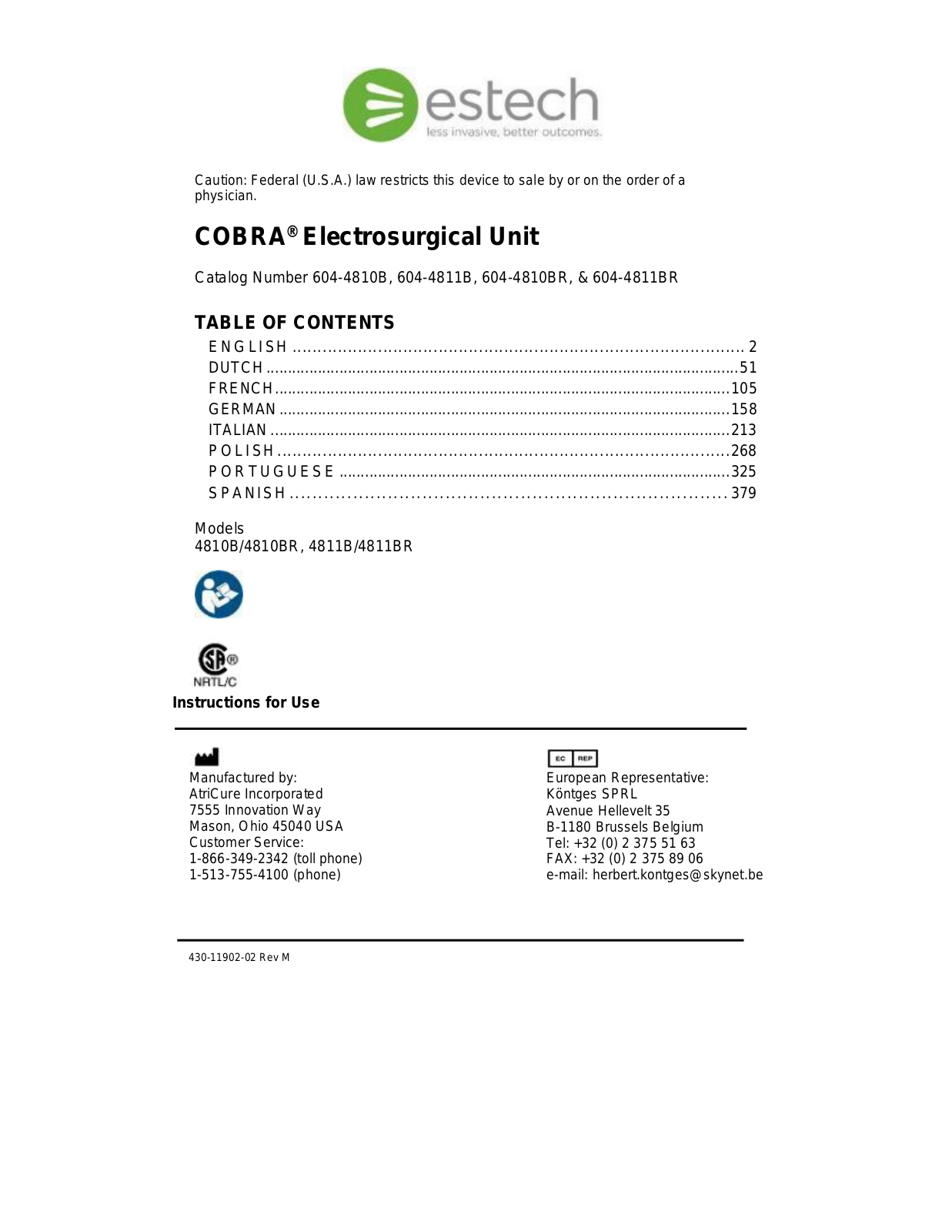 estech COBRA 4810BR, COBRA 4811BR, COBRA 4810B, COBRA 4811B Instructions For Use Manual