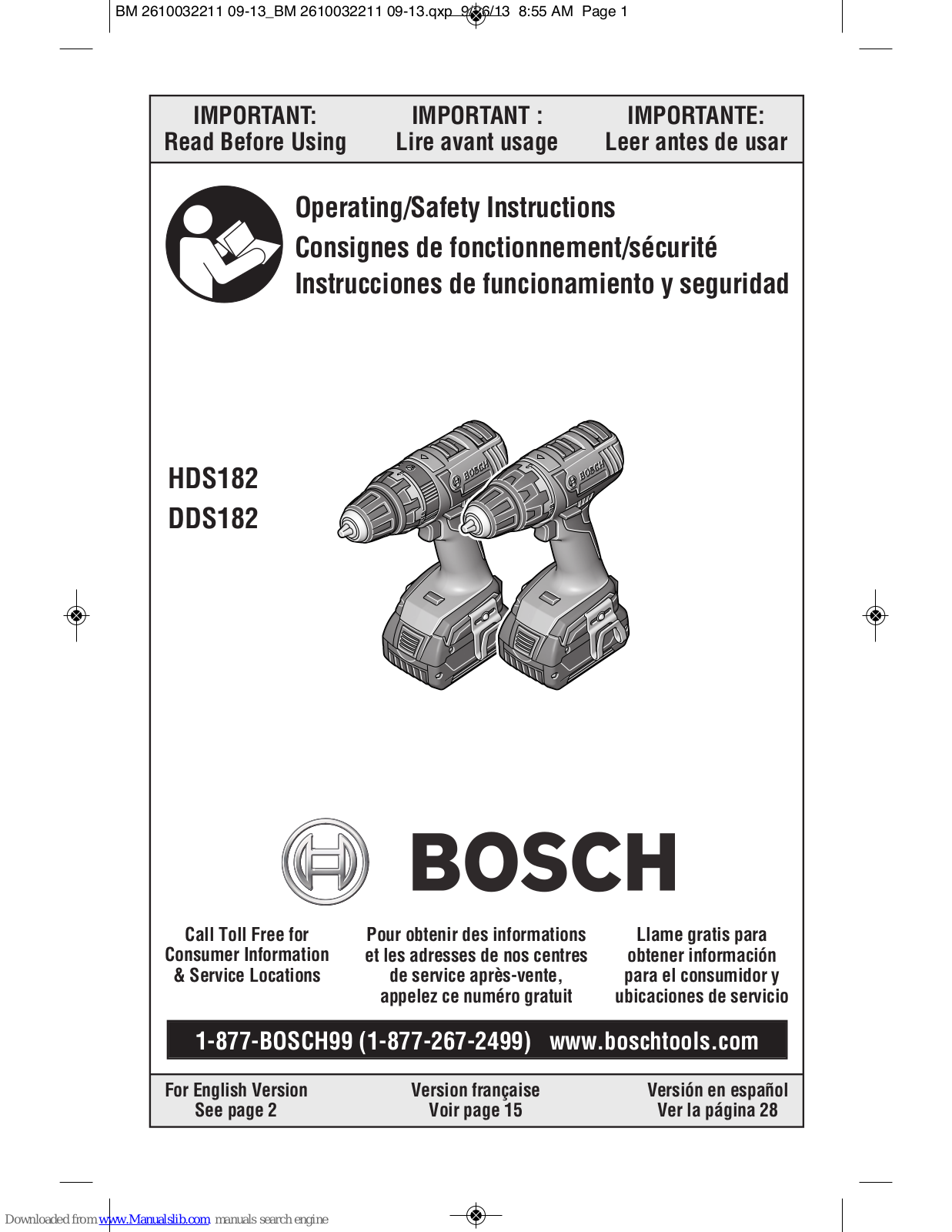 Bosch HDS182, DDS182, HDS181, DDS181, ADS181 Operating/safety Instructions Manual