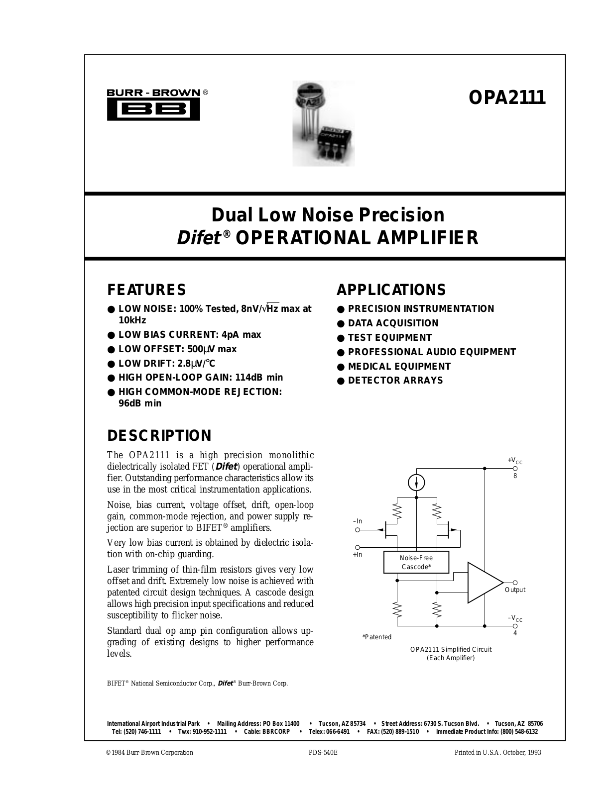 Burr Brown OPA2111KP, OPA2111KM, OPA2111BM, OPA2111AM Datasheet