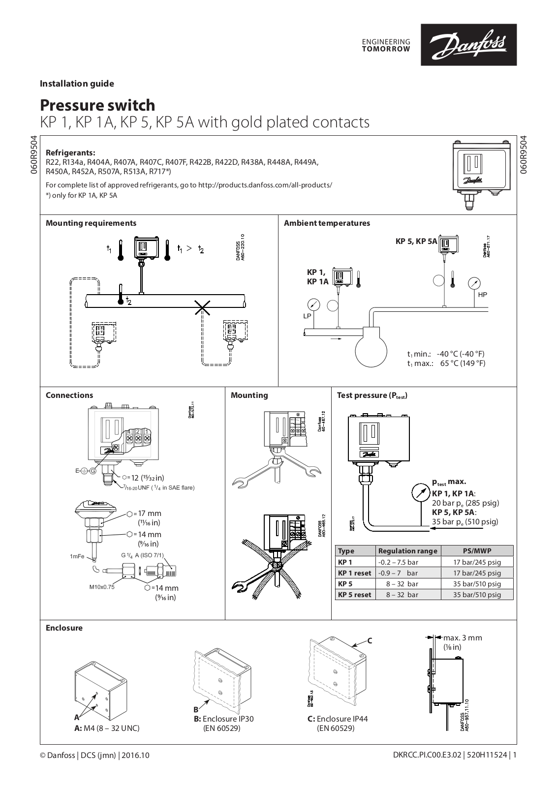 Danfoss KP 1, KP 1A, KP 5, KP 5A Installation guide