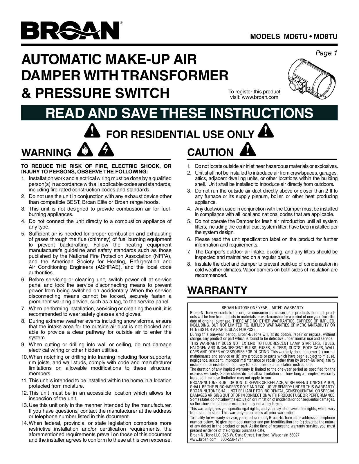 Broan MD8TU, MD6TU User Manual