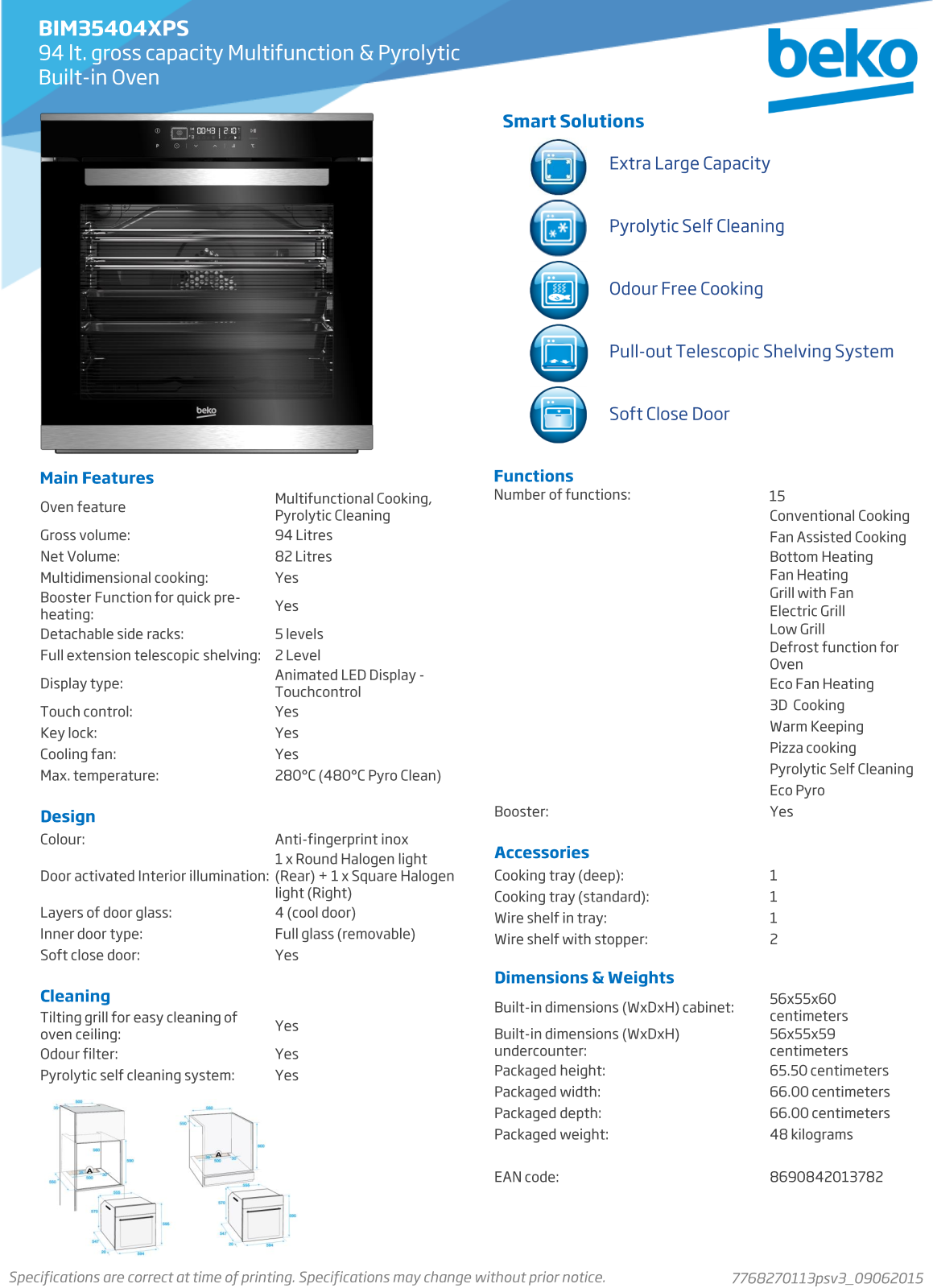 Beko BIM35404XPS Specifications Sheet