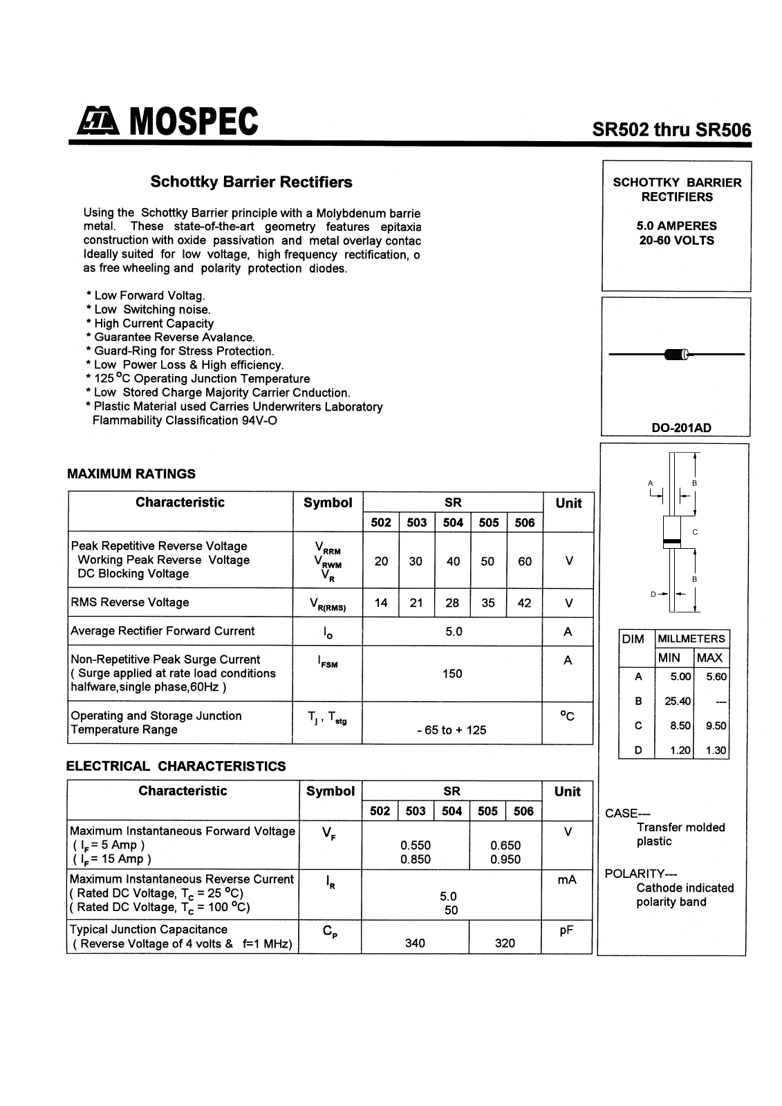 MOSPEC SR506, SR505, SR504, SR503, SR502 Datasheet