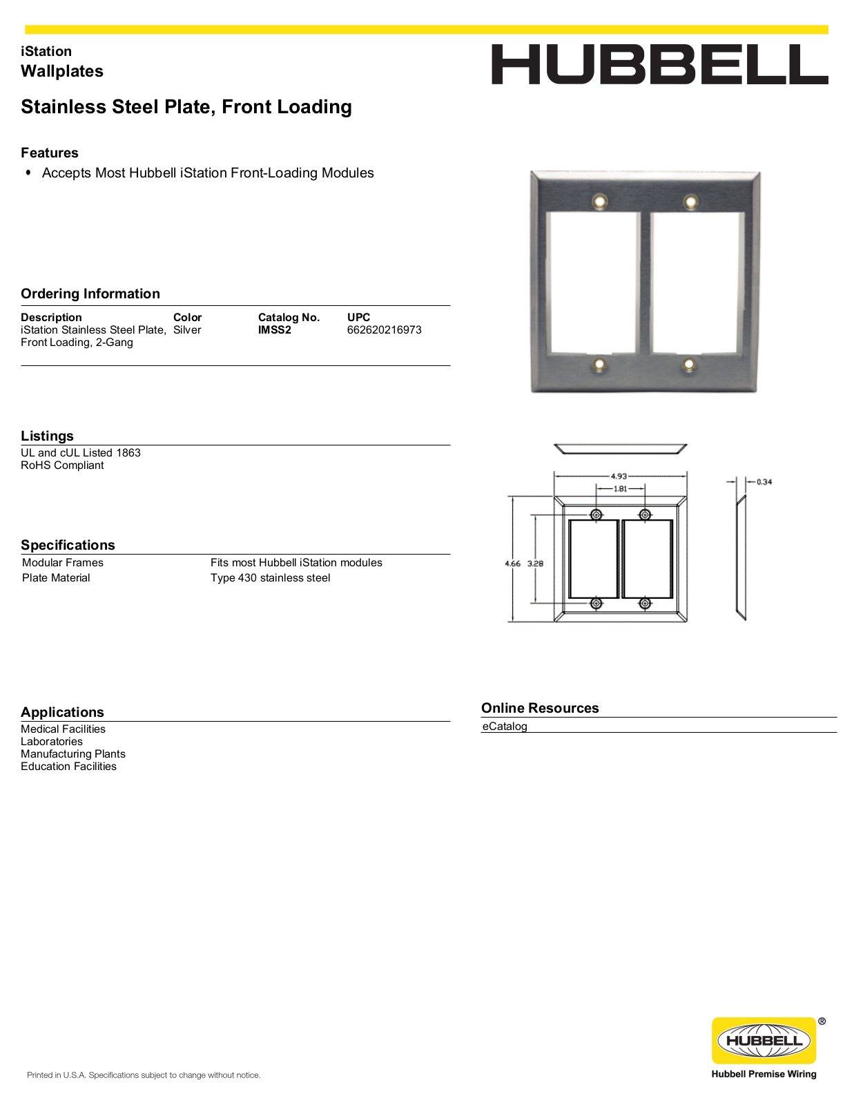 Hubbell IMSS2 Specifications