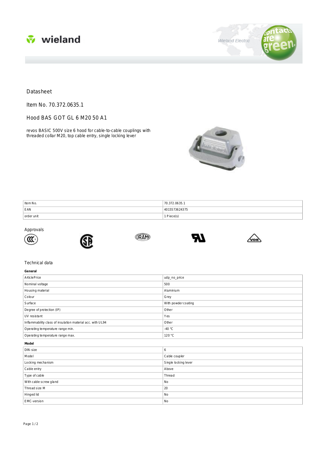 Wieland 70.372.0635.1 Data Sheet