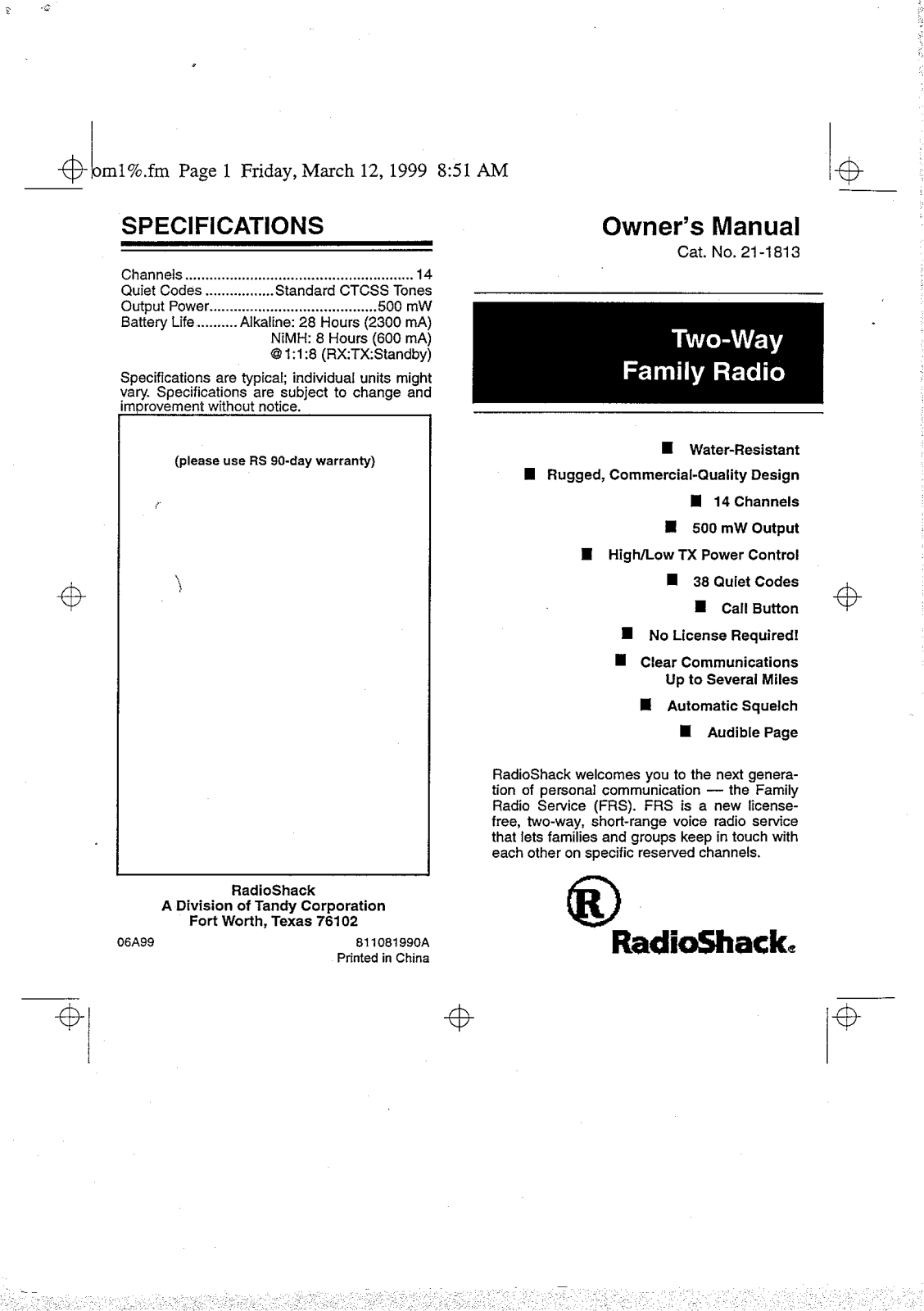 Radio Shack 2101813 User Manual