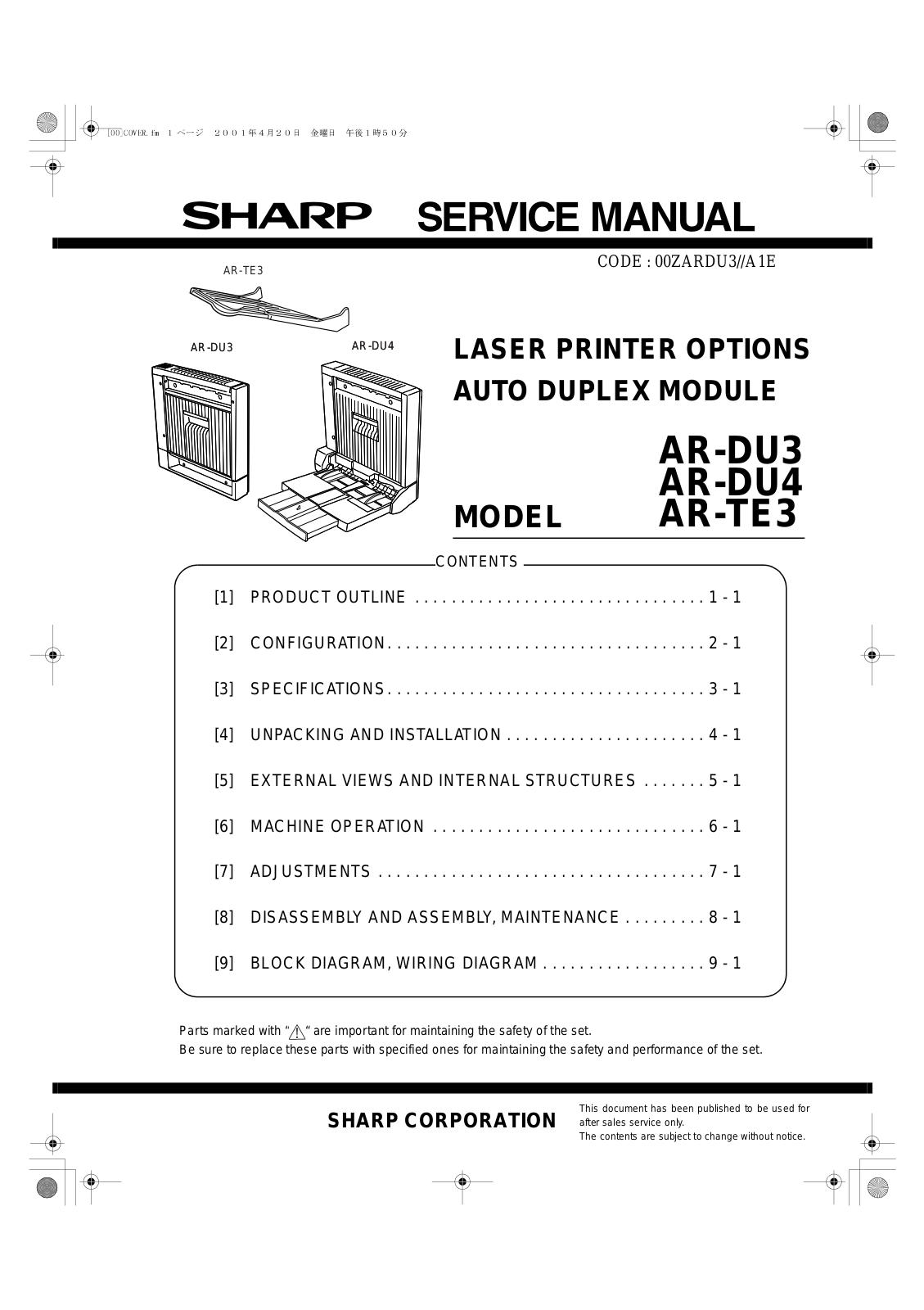SHARP AR-DU3, AR-DU4, AR-TE3 Service Manual