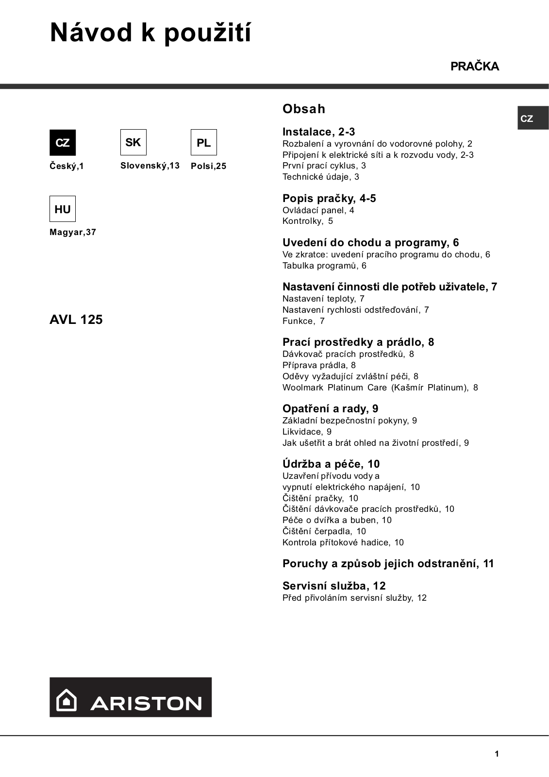 Hotpoint AVL 125 User Manual