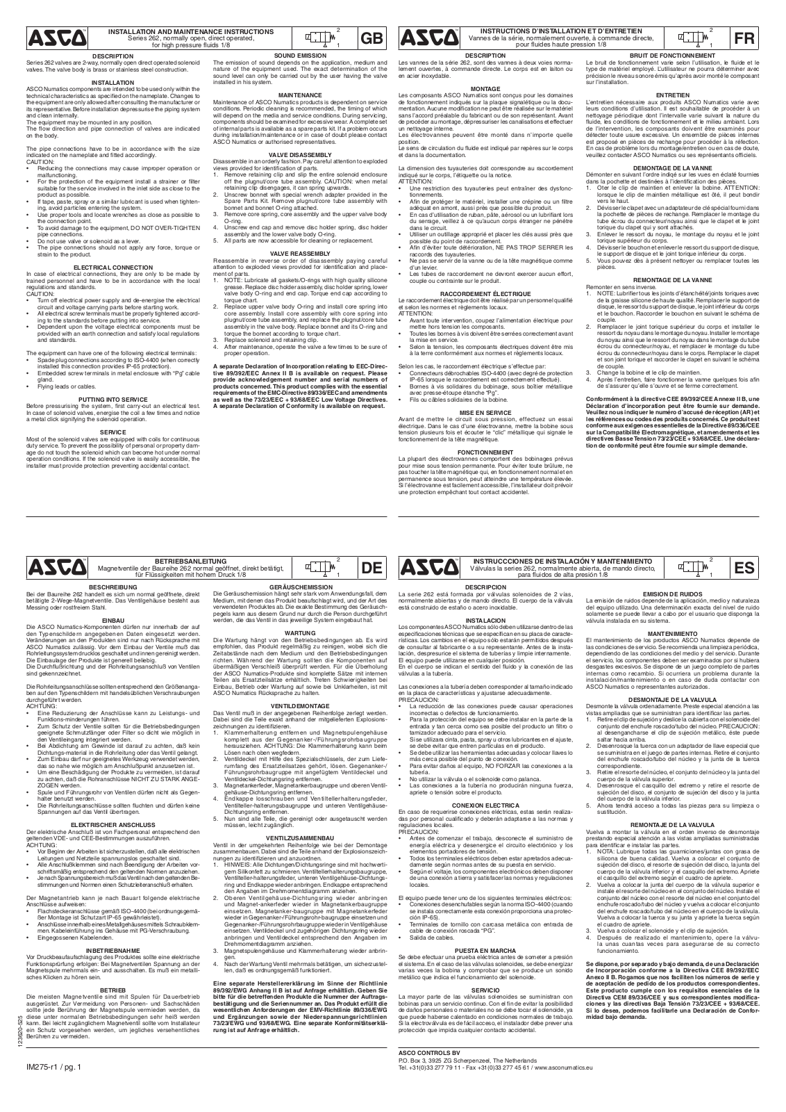 ASCO Series 262 Solenoid Valve NO 1/8 Manuals & Guides