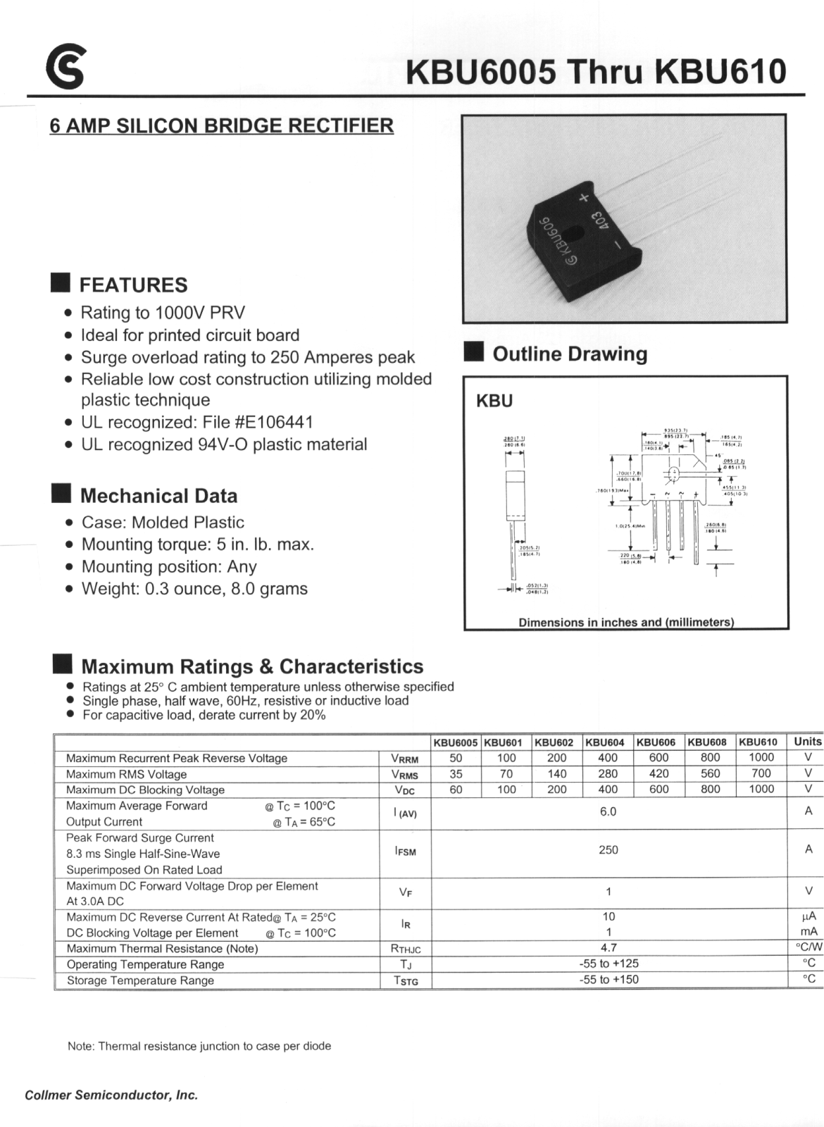 CALLMER KBU608, KBU6005, KBU606, KBU602, KBU610 Datasheet