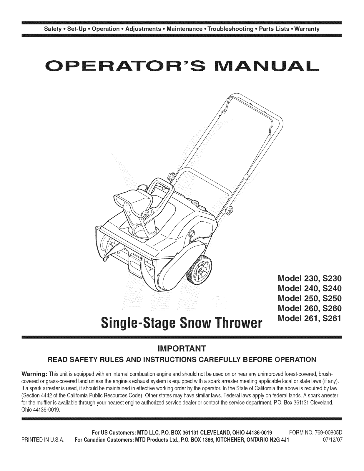 MTD 31A-240-800 Owner’s Manual