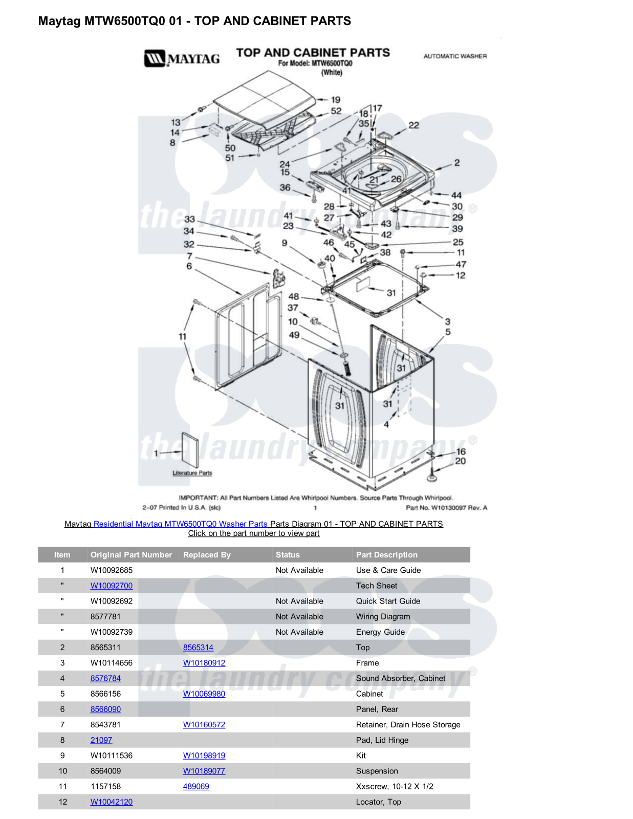 Maytag MTW6500TQ0 Parts Diagram