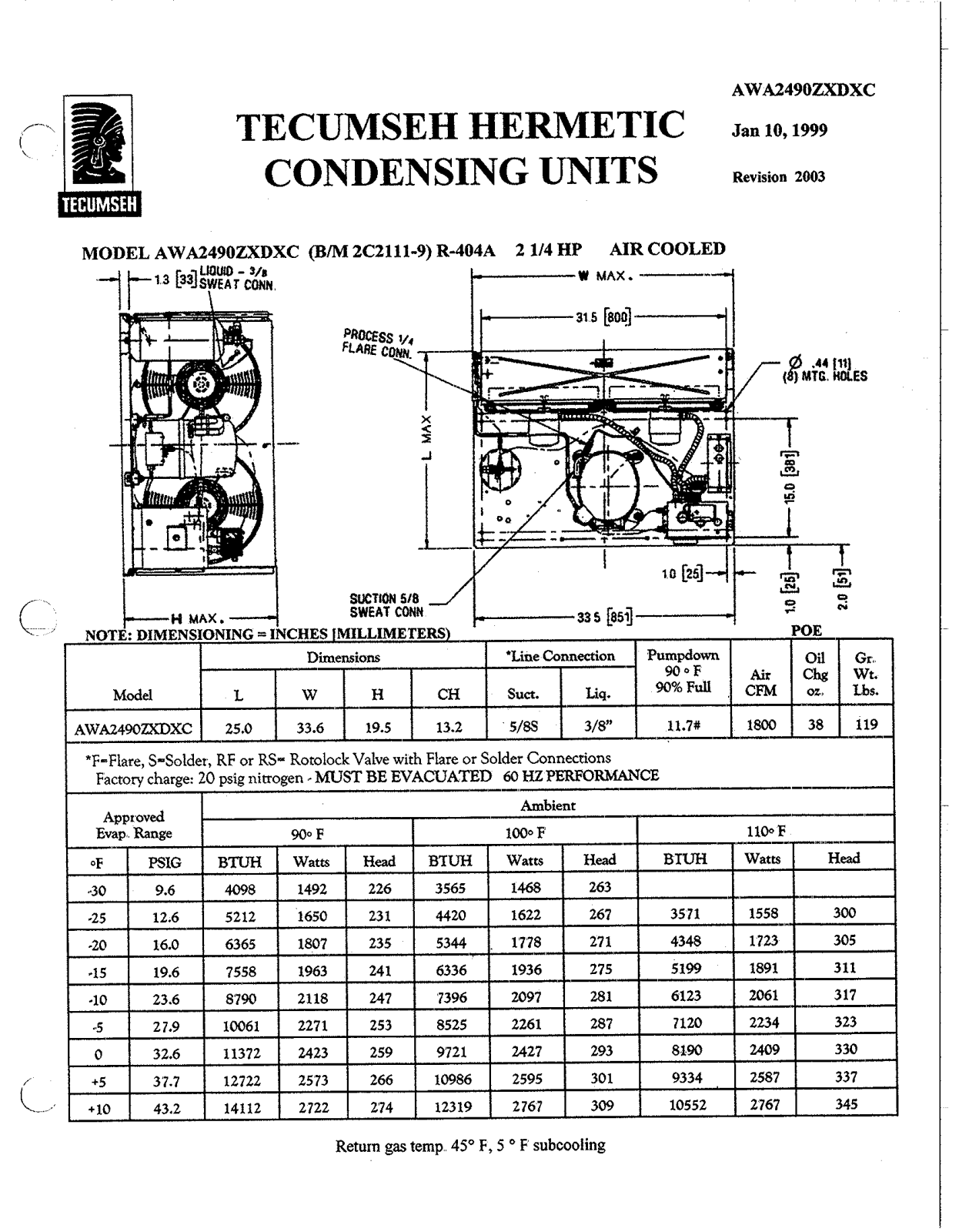 Tecumseh AWA2490ZXDXC Performance Data Sheet