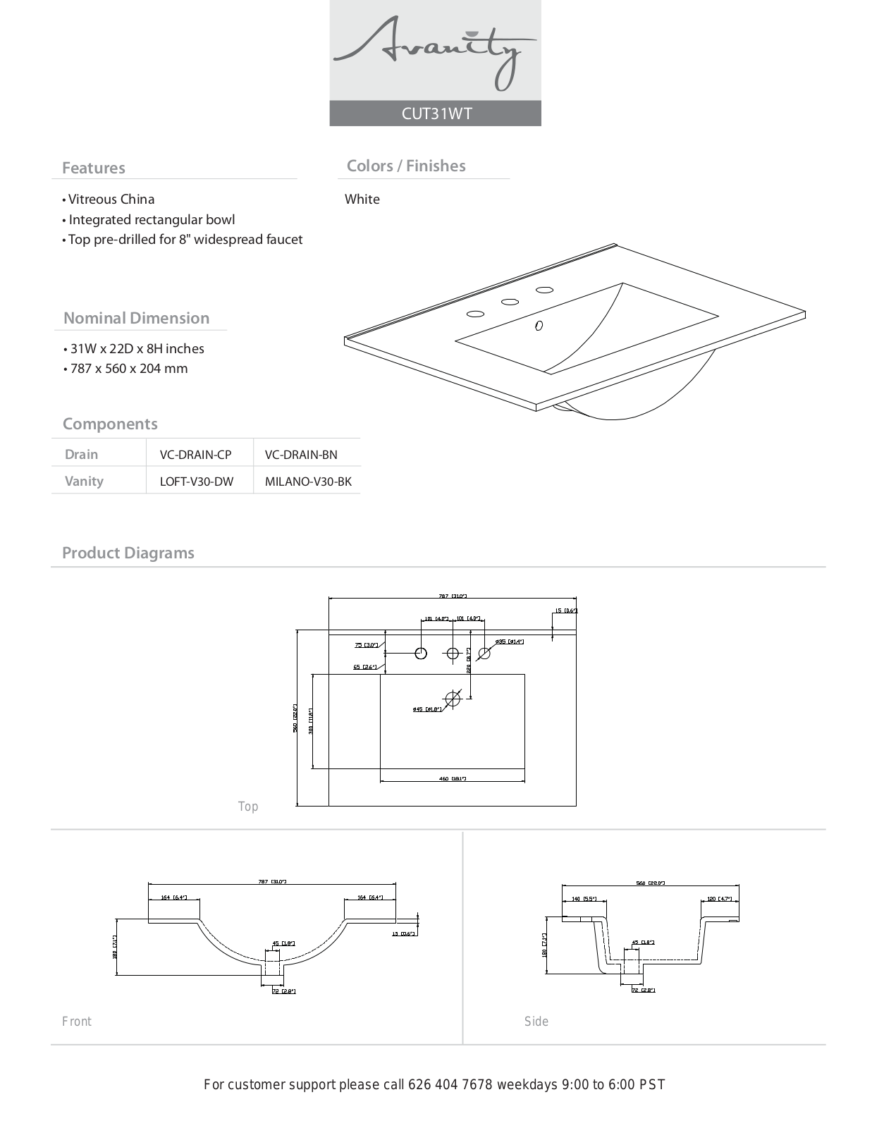 Avanity CUT31WT Specifications