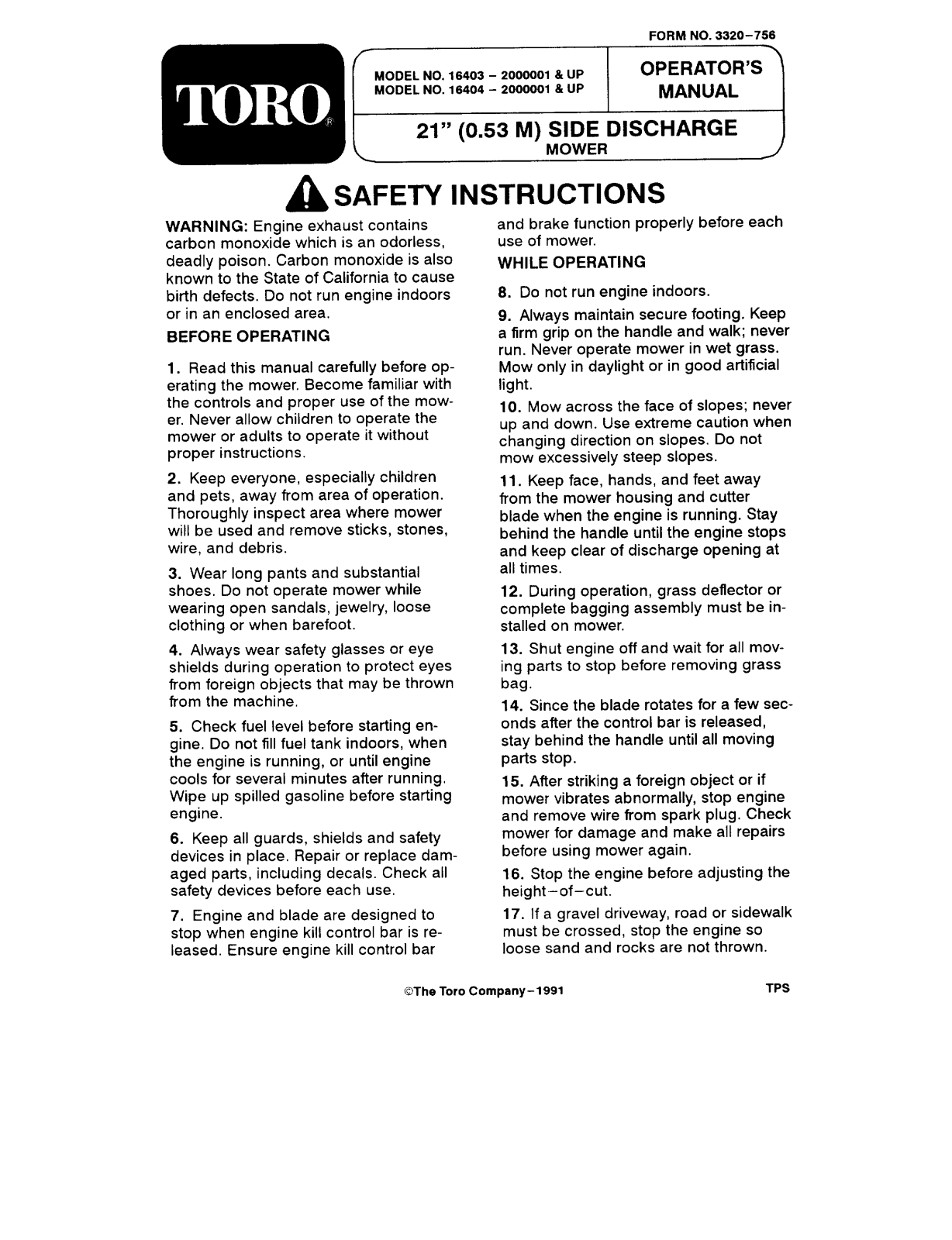 Toro 16403, 16404 Operator's Manual