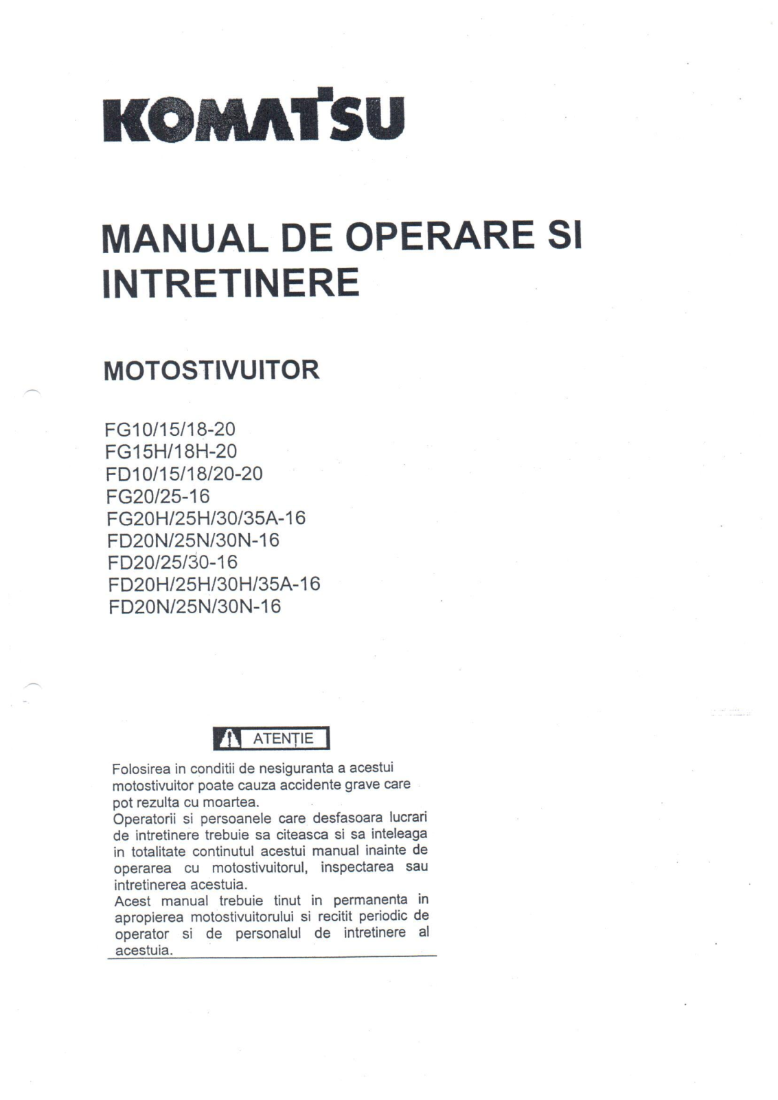 Komatsu FG10, FG15, FG15H, FG20N User Manual