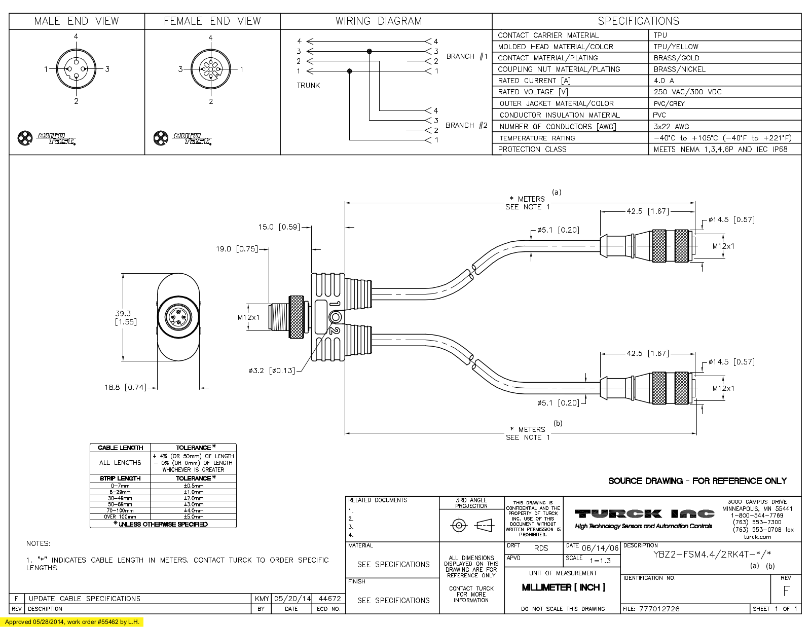 Turck YBZ2-FSM4.4/2RK4T-0.3/0.3 Specification Sheet