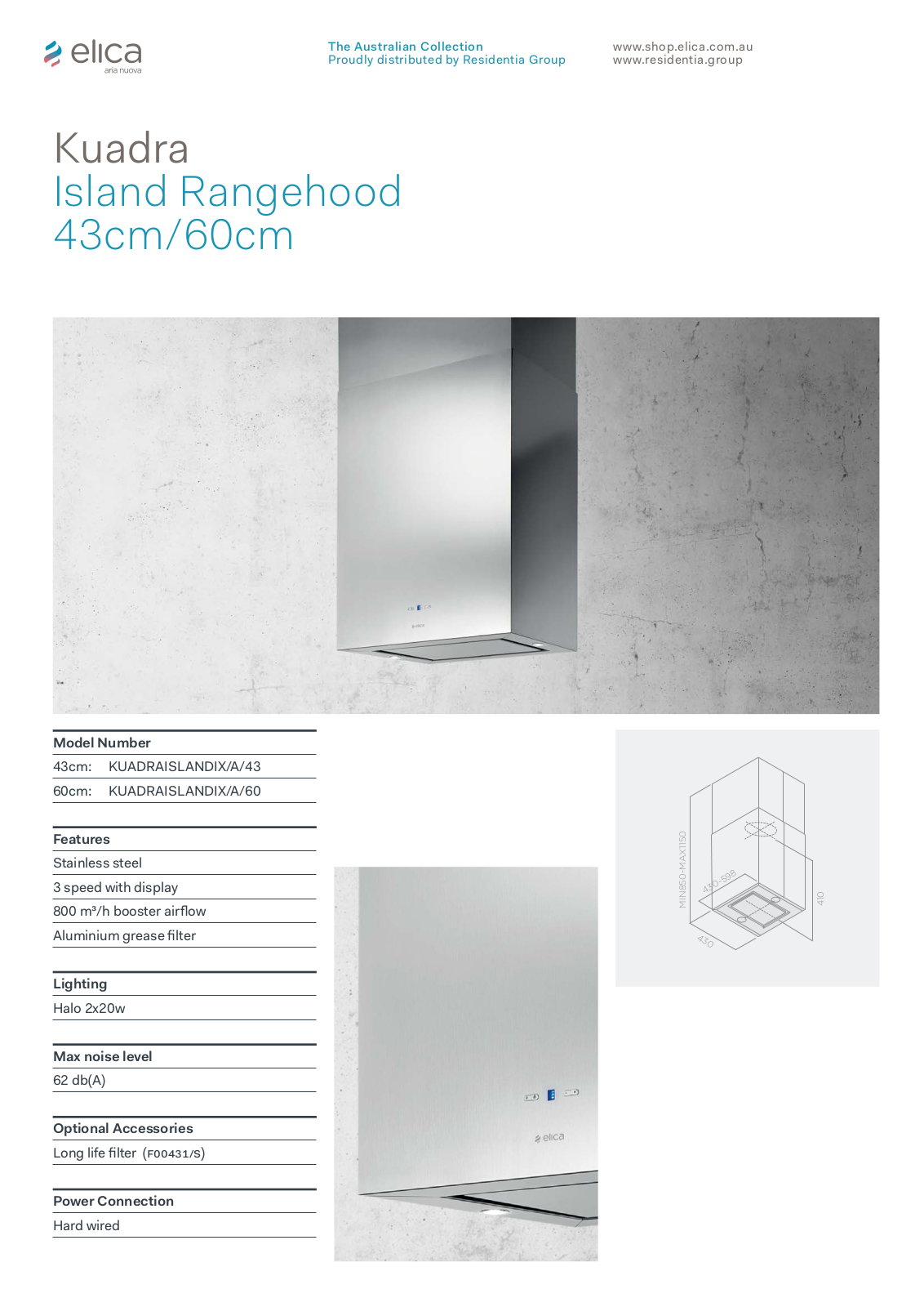 Elica KUADRAISLANDIXA43, KUADRAISLANDIXA60 Specifications Sheet