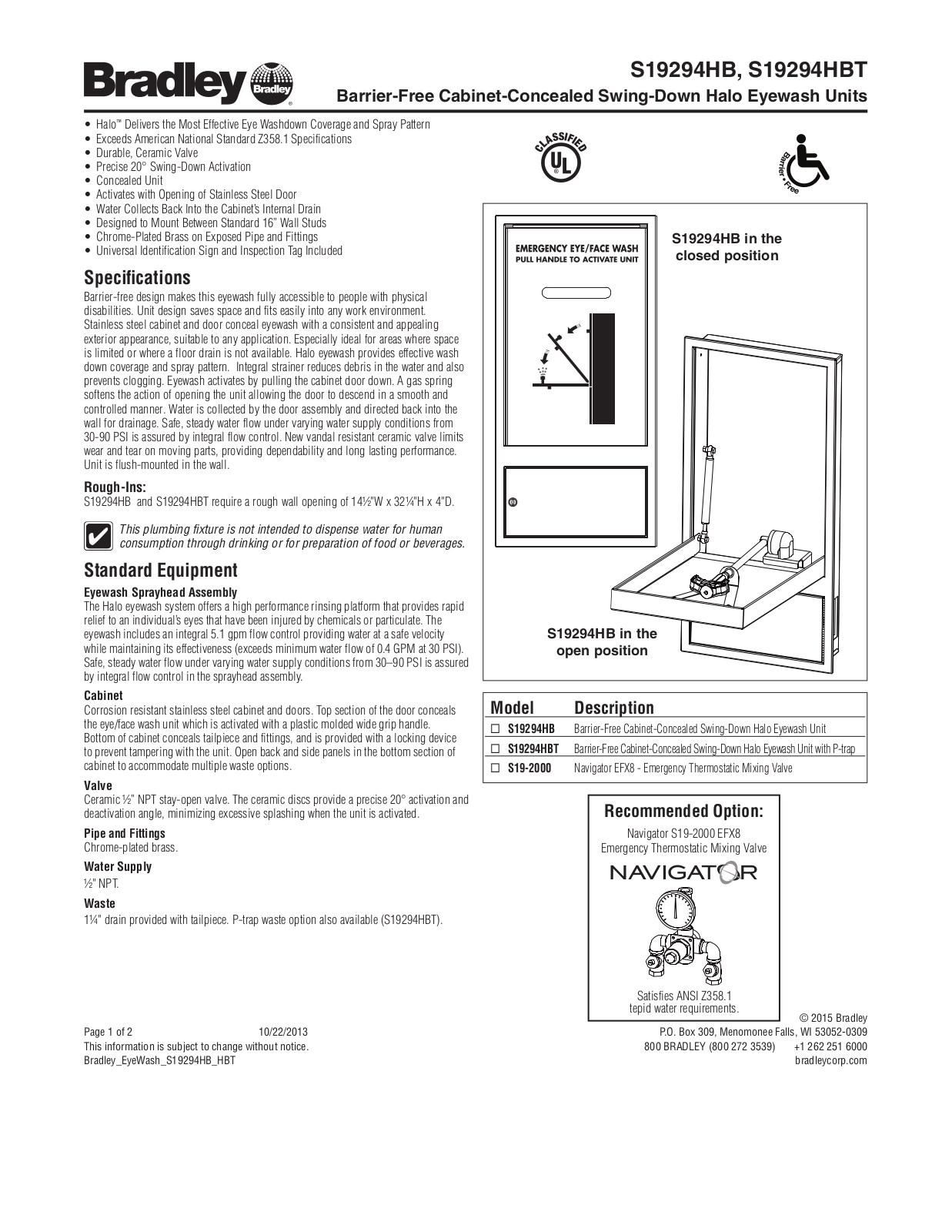 Bradley Corporation S19294HB, S19294HBT User Manual