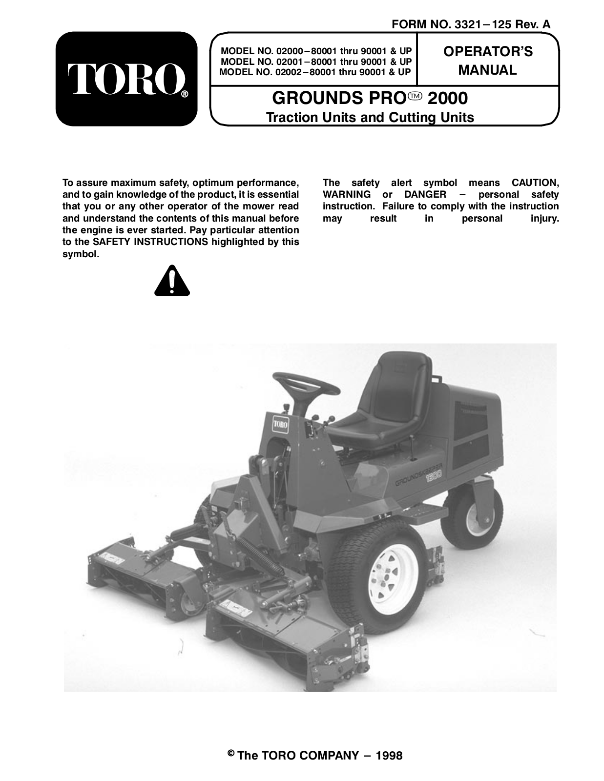 Toro 02000, grounds pro 2000, 02001, 02002 Operator's Manual