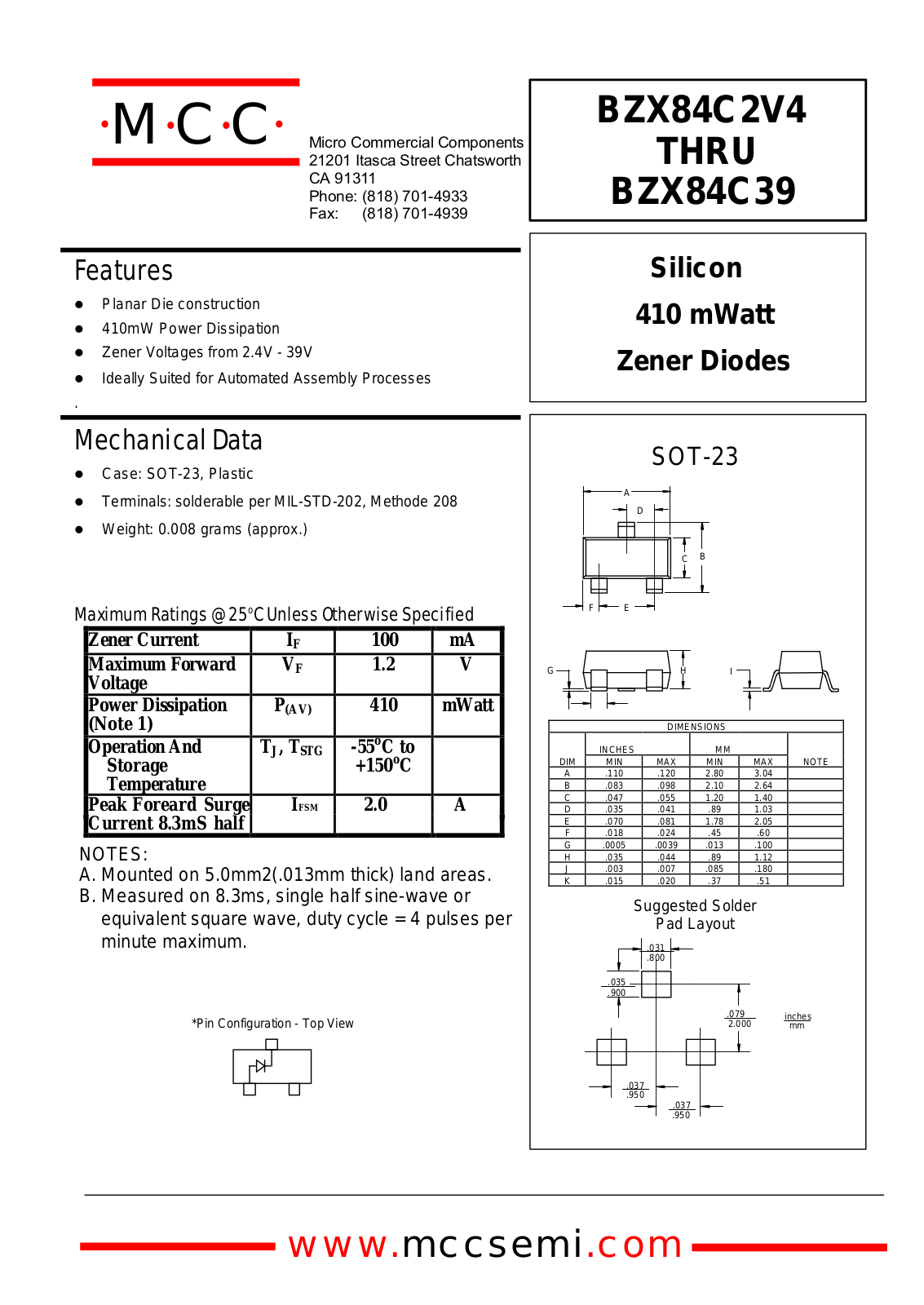 MCC BZX84C9V1, BZX84C8V2, BZX84C7V5, BZX84C6V8, BZX84C6V2 Datasheet