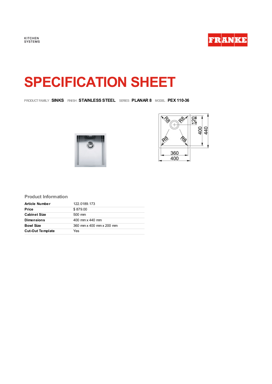 Franke Foodservice PEX 110-36 User Manual