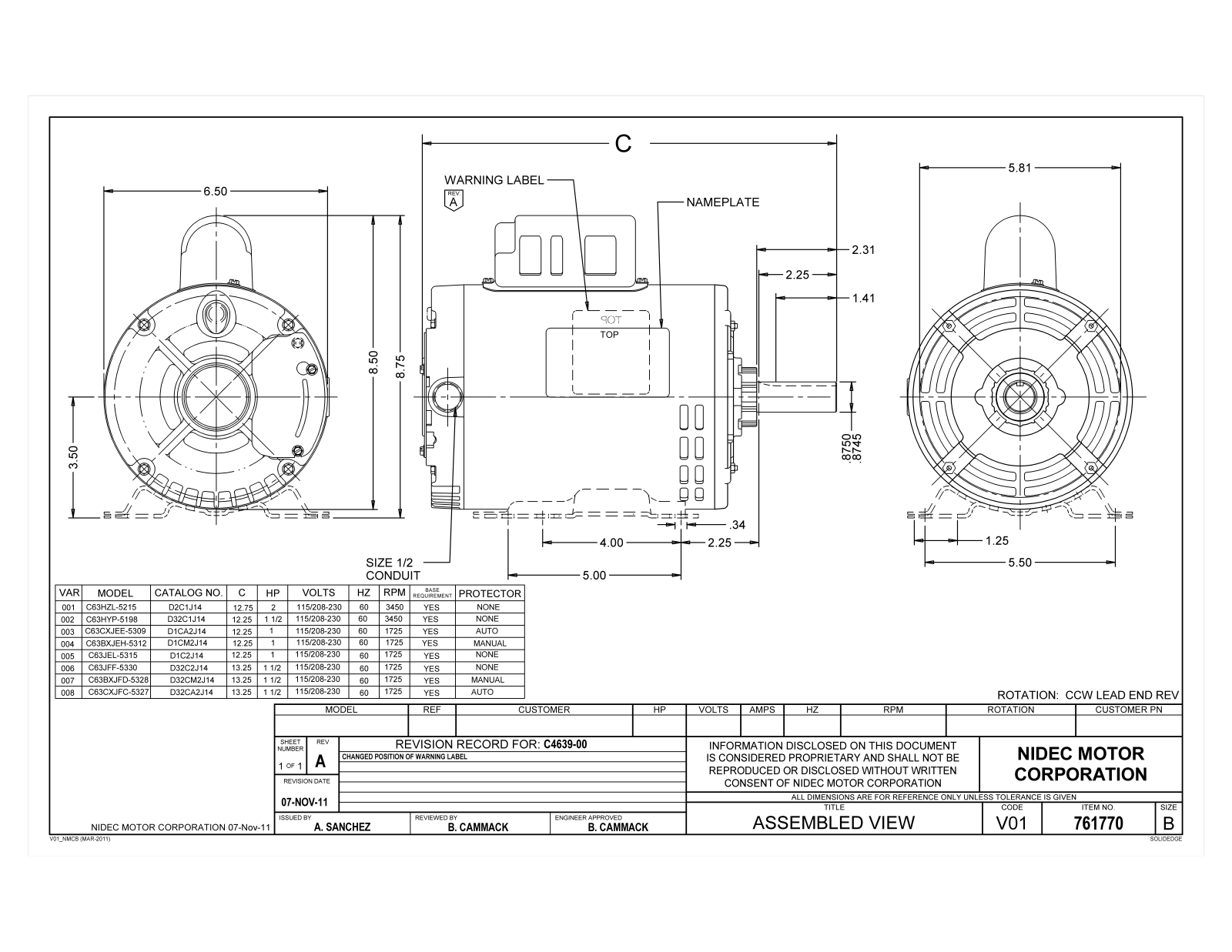 US Motors D2C1J14, D32C1J14, D1CA2J14, D1CM2J14, D1C2J14 Dimensional Sheet