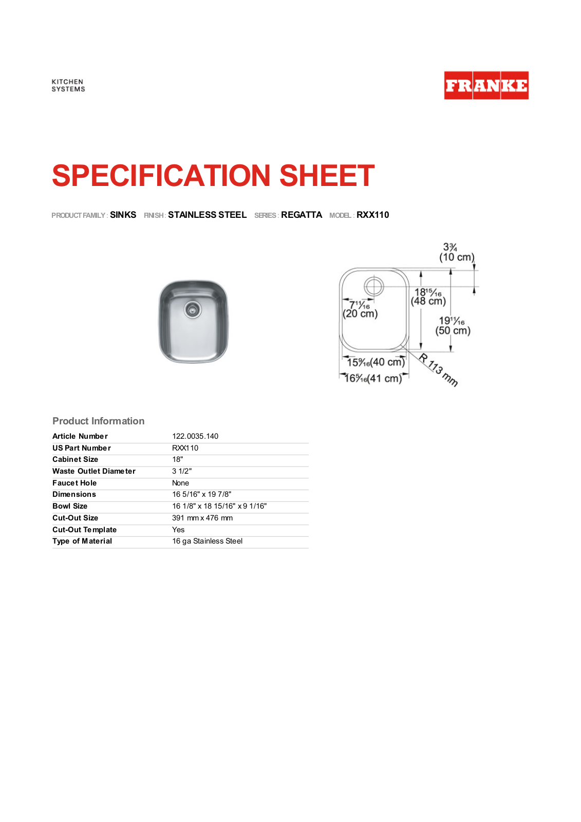 Franke Foodservice RXX110 User Manual