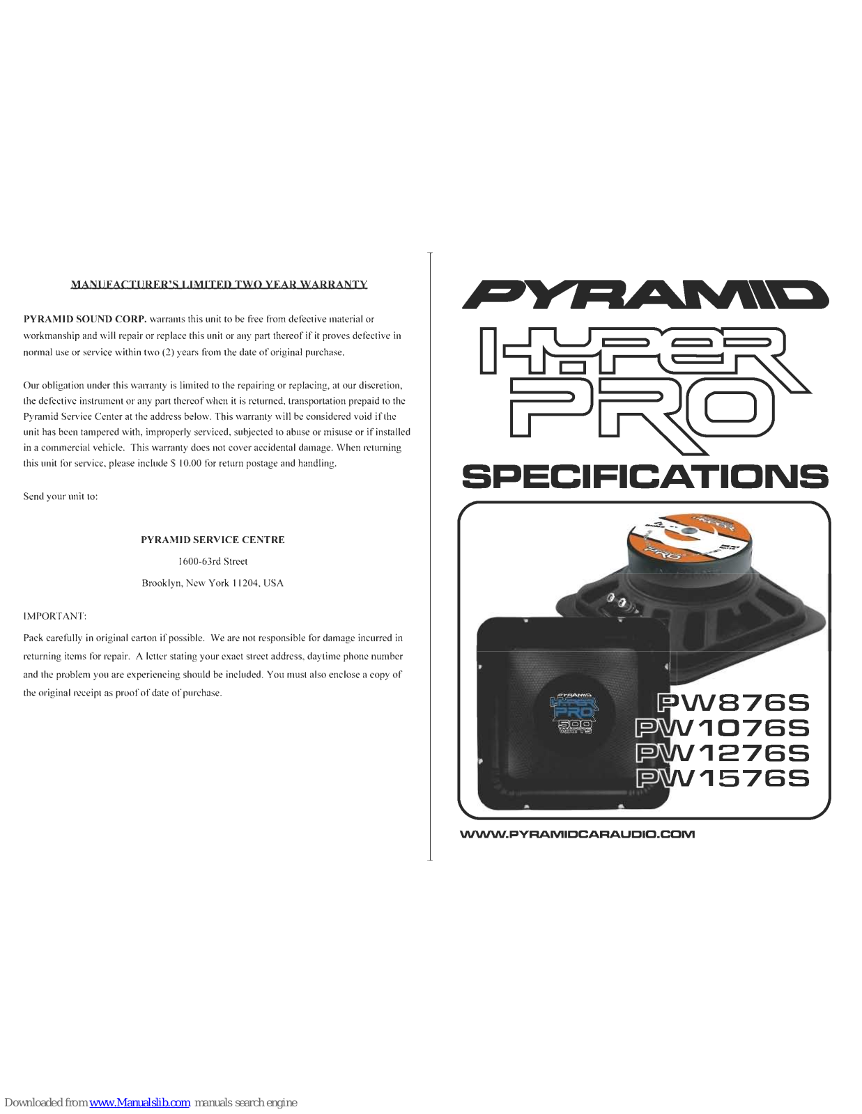 Pyramid PW876S, PW1076S, PW1276S, PW1576S Specifications - ManualMachine.com