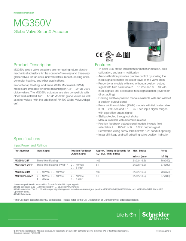 Schneider Electric MG350V Installation Instructions