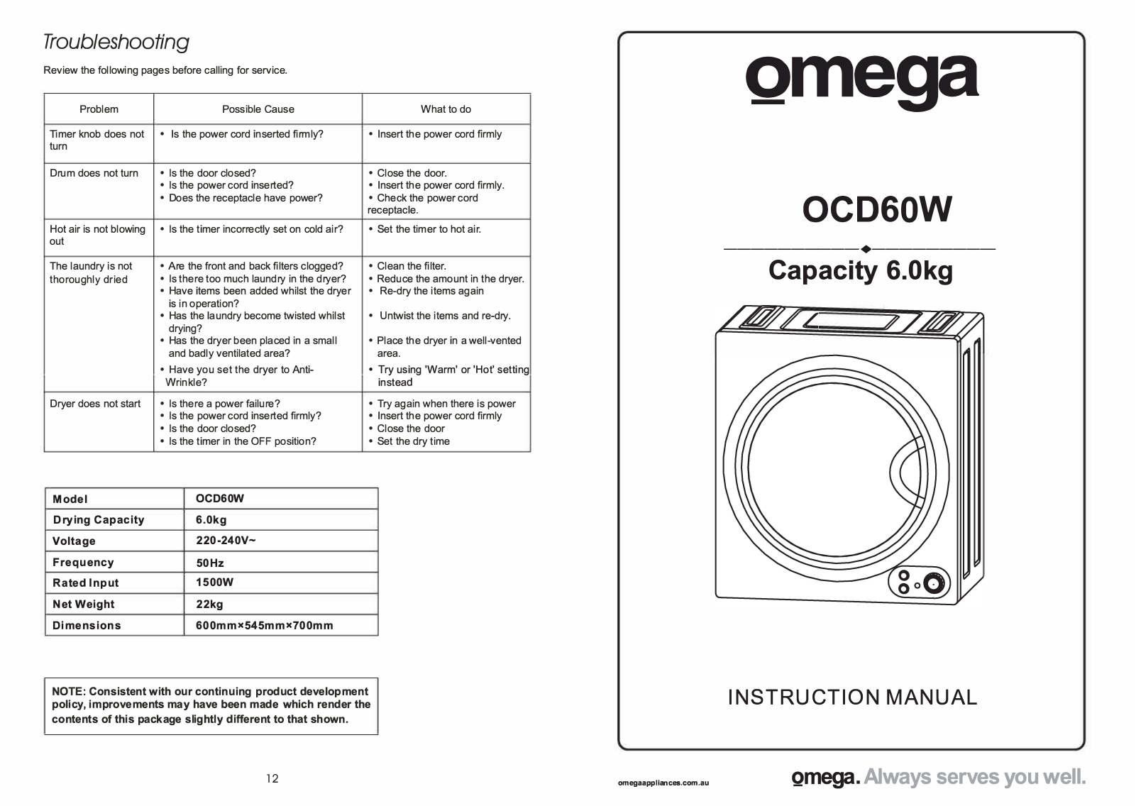 Omega Altise OCD60W User Manual