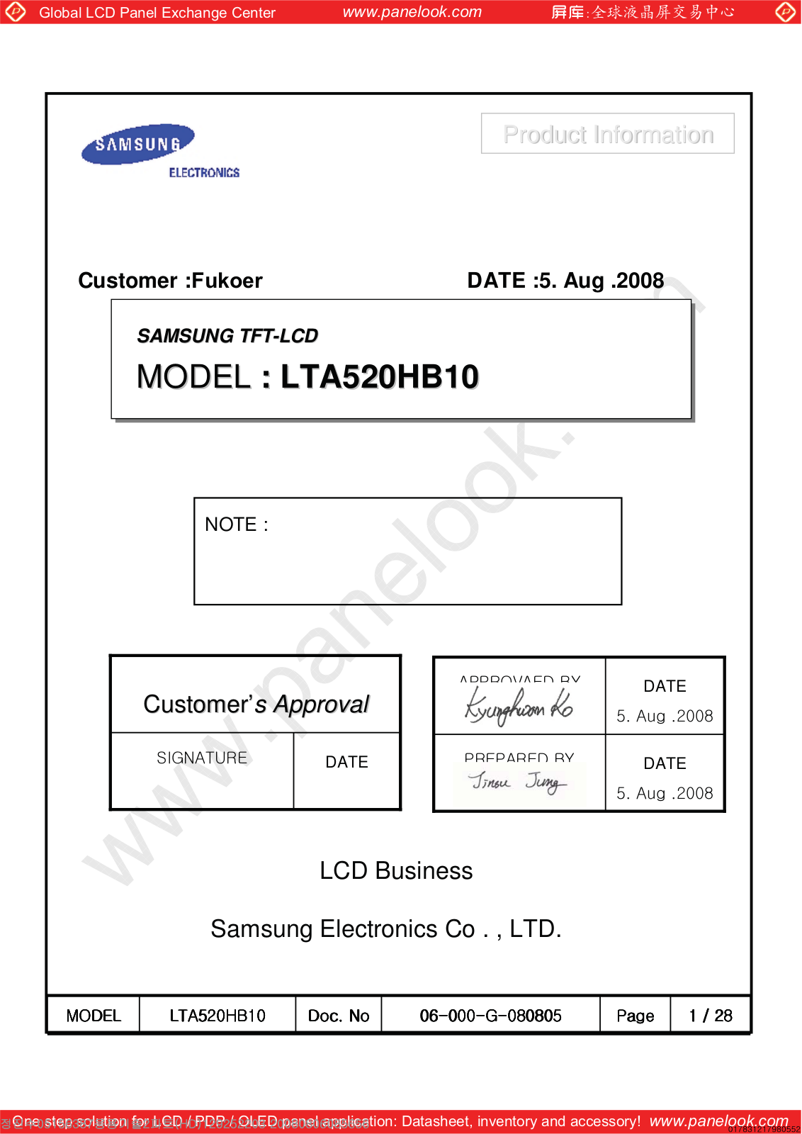 SAMSUNG LTA520HB10 Specification