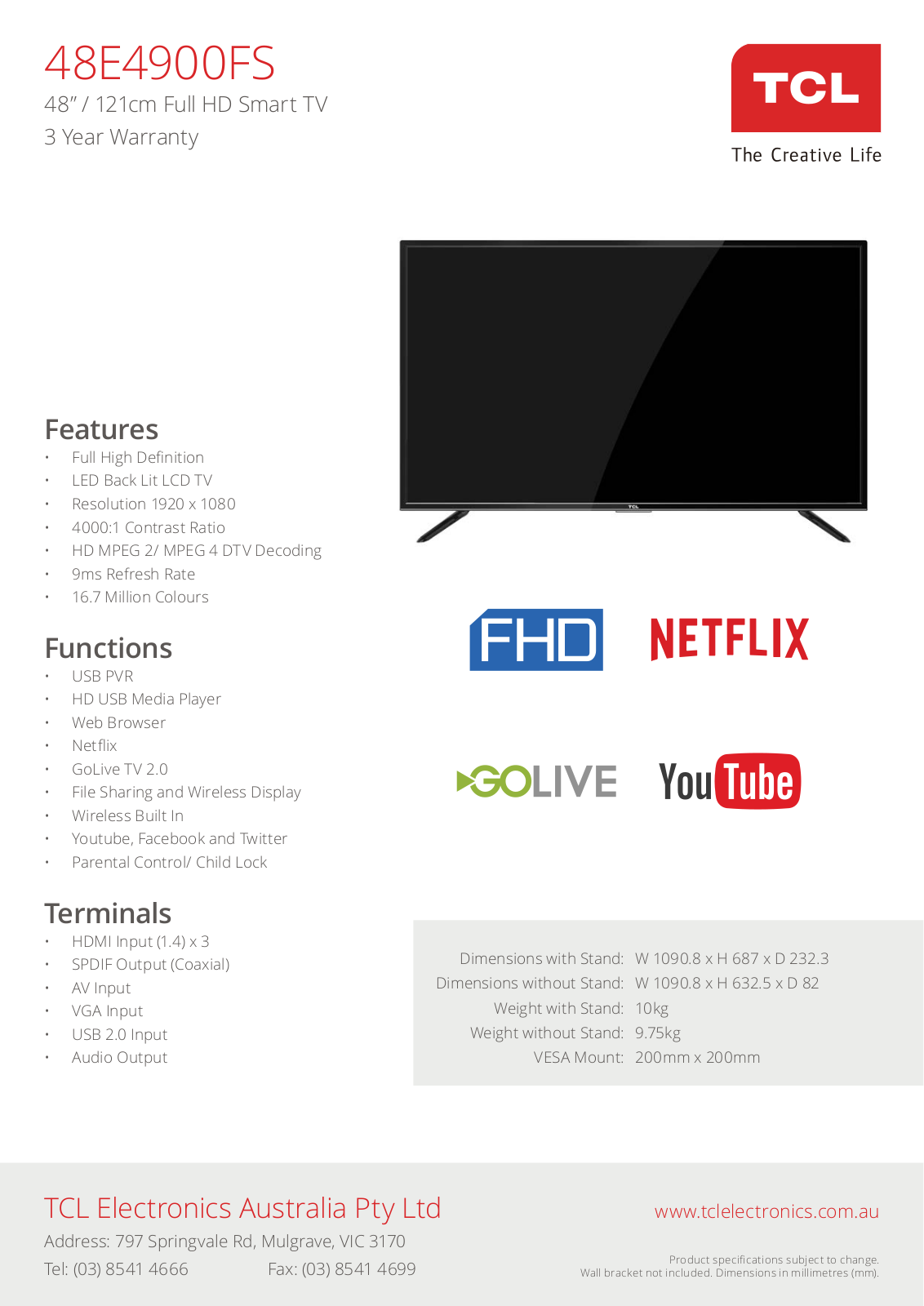 TCL 48E4900FS Specifications Sheet