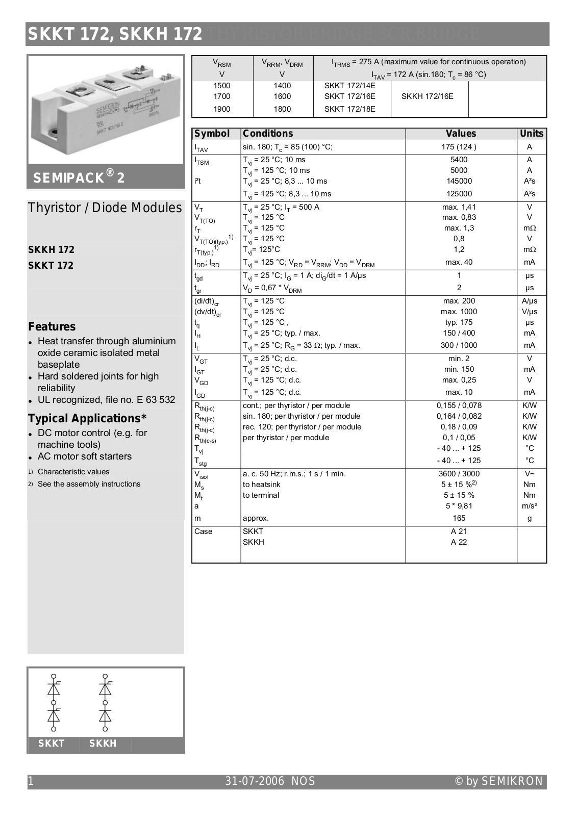 Datasheet SKKT 172, SKKH 172 DataSheet (Semikron) - ManualMachine.com