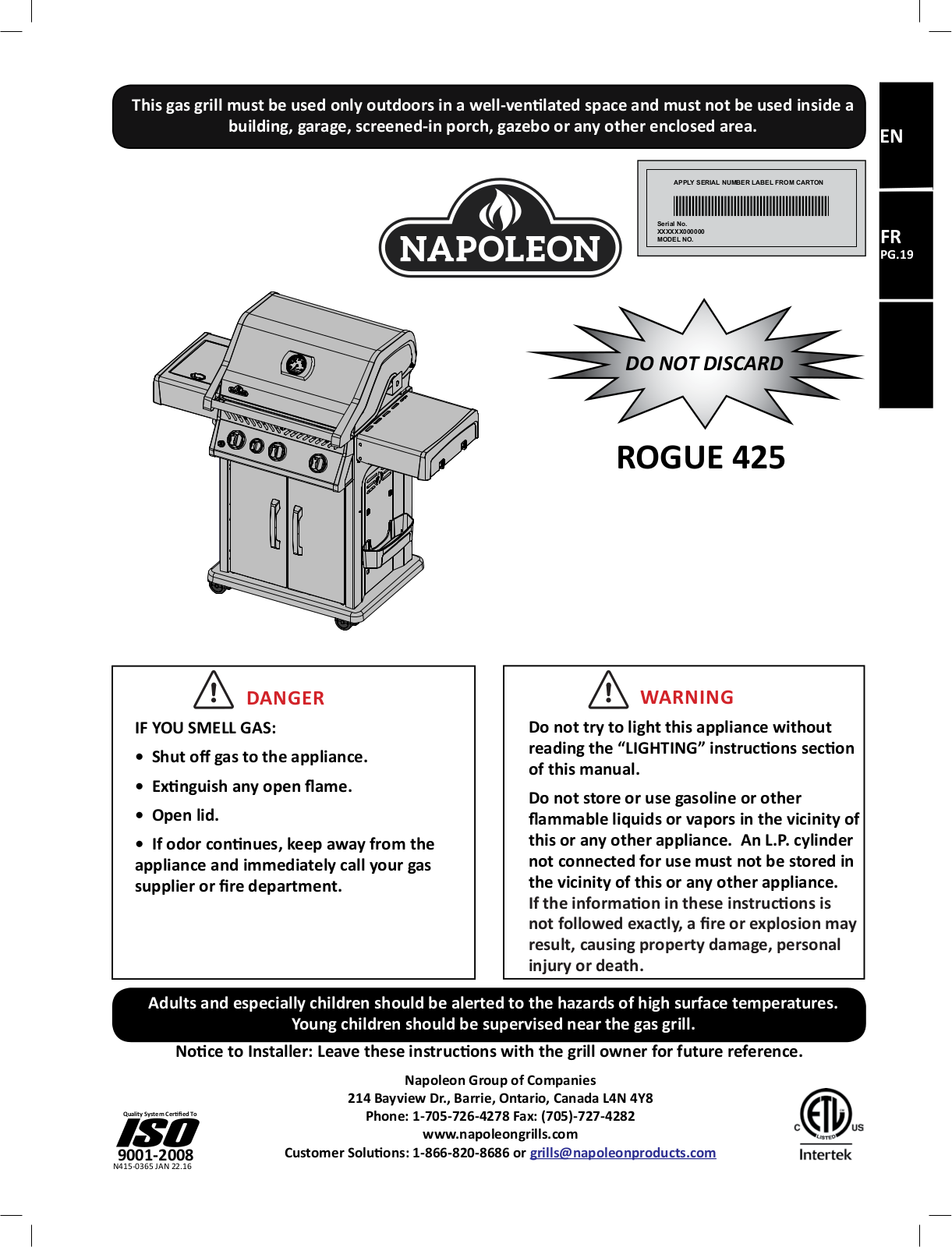 Napoleon R425SIBPBE, R425SIBPSS, R425PK Installation