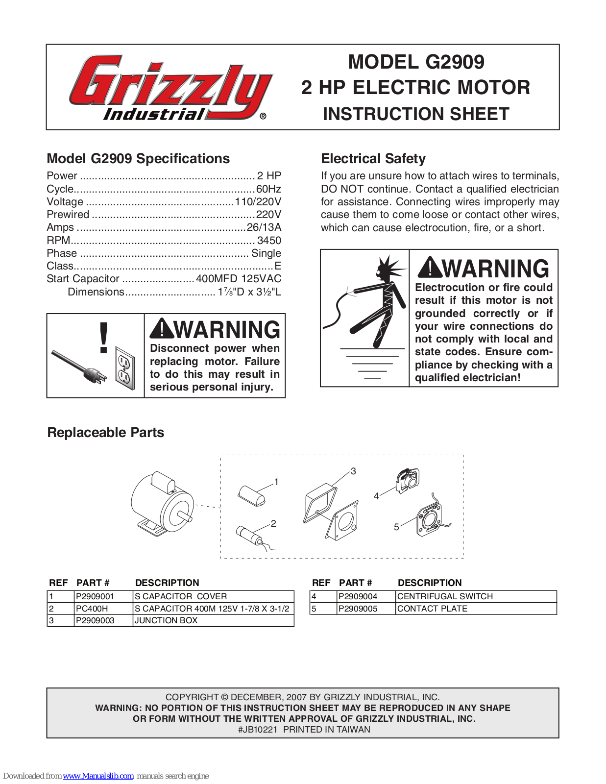 Grizzly Electric Motor G2909 Instruction Sheet