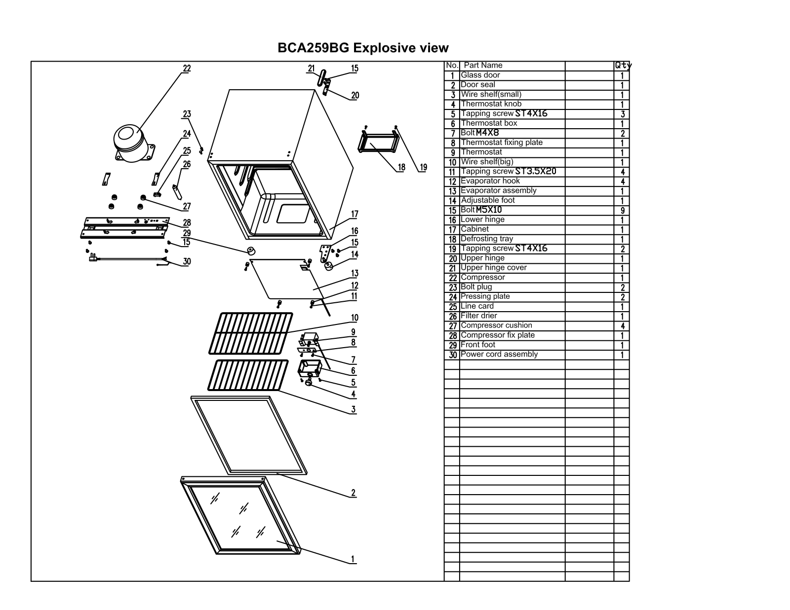 Avanti BCA259BG Parts List