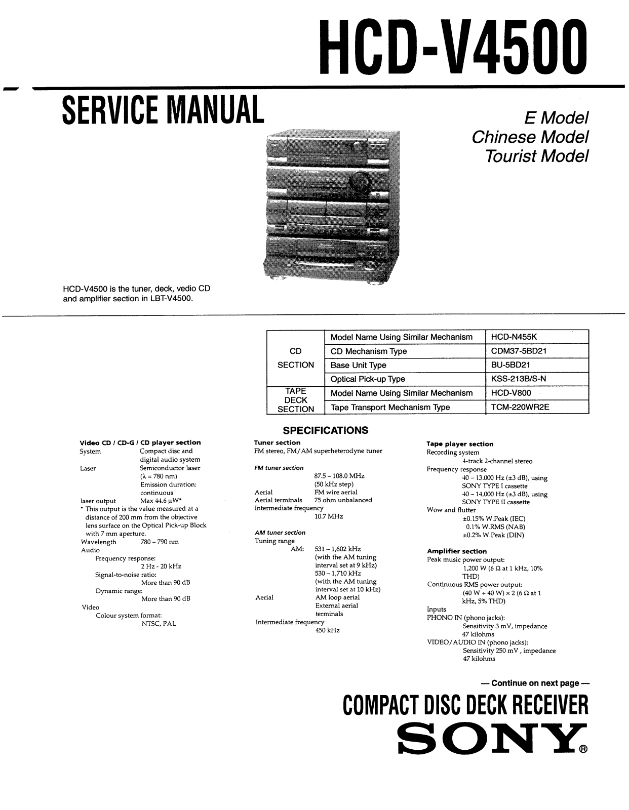 Sony hcd-v4500 User Manual