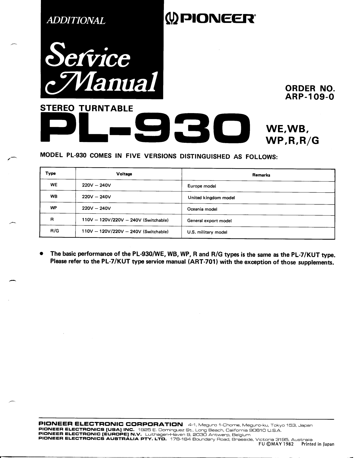 Pioneer PL-930 Service manual