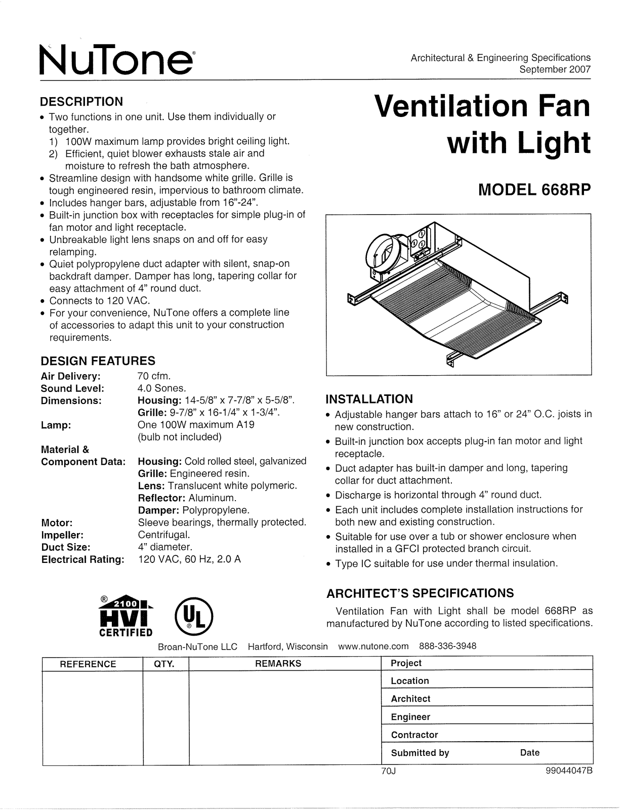 Broan NuTone BRN2216 Specifications - ManualMachine.com
