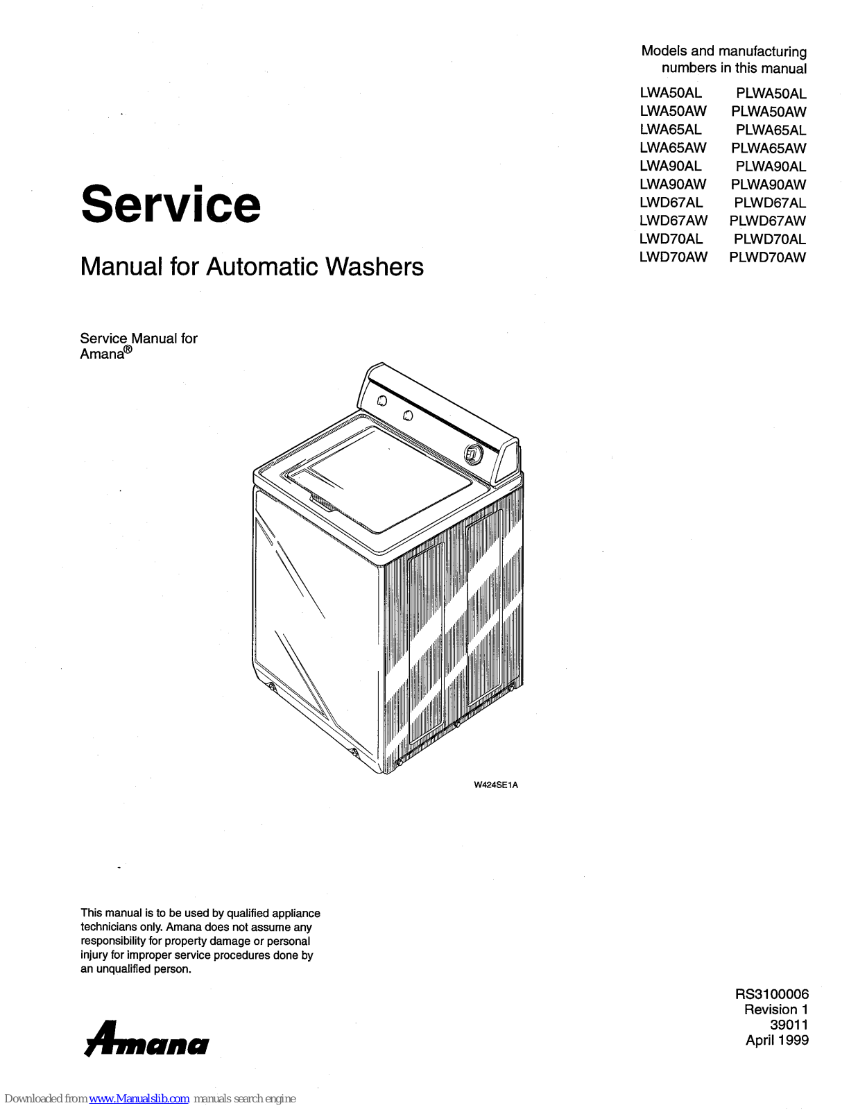 Amana LWA50AW, LWA90AL, LWA65AL, LWA65AW, LWA90AW Service Manual