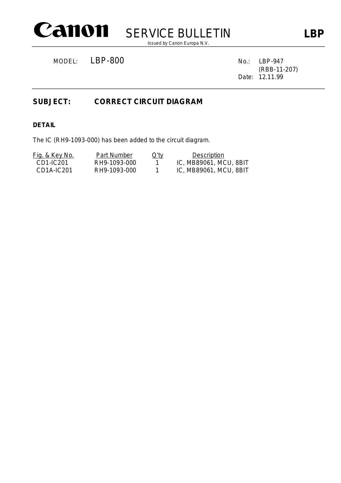 CANON lbp-947 SERVICE BULLETIN