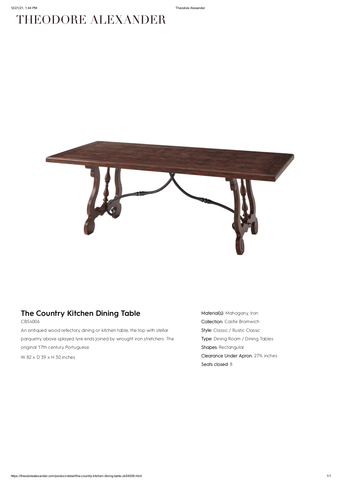 Theodore Alexander FPLJ1237 Specifications - ManualMachine.com