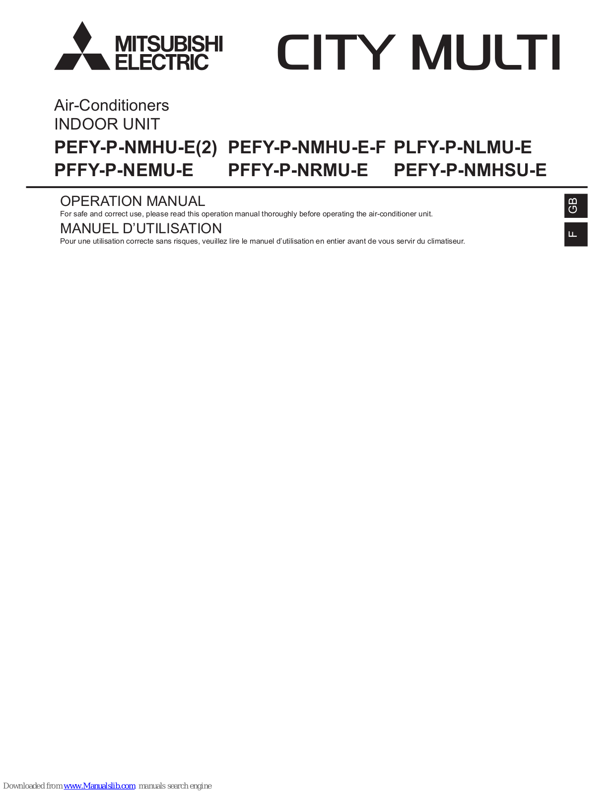 Mitsubishi PEFY-P-NMHU-E2, PEFY-P-NMHU-E, PFFY-P-NEMU-E, PEFY-P-NMHU-E-F, PLFY-P-NLMU-E Operation Manual