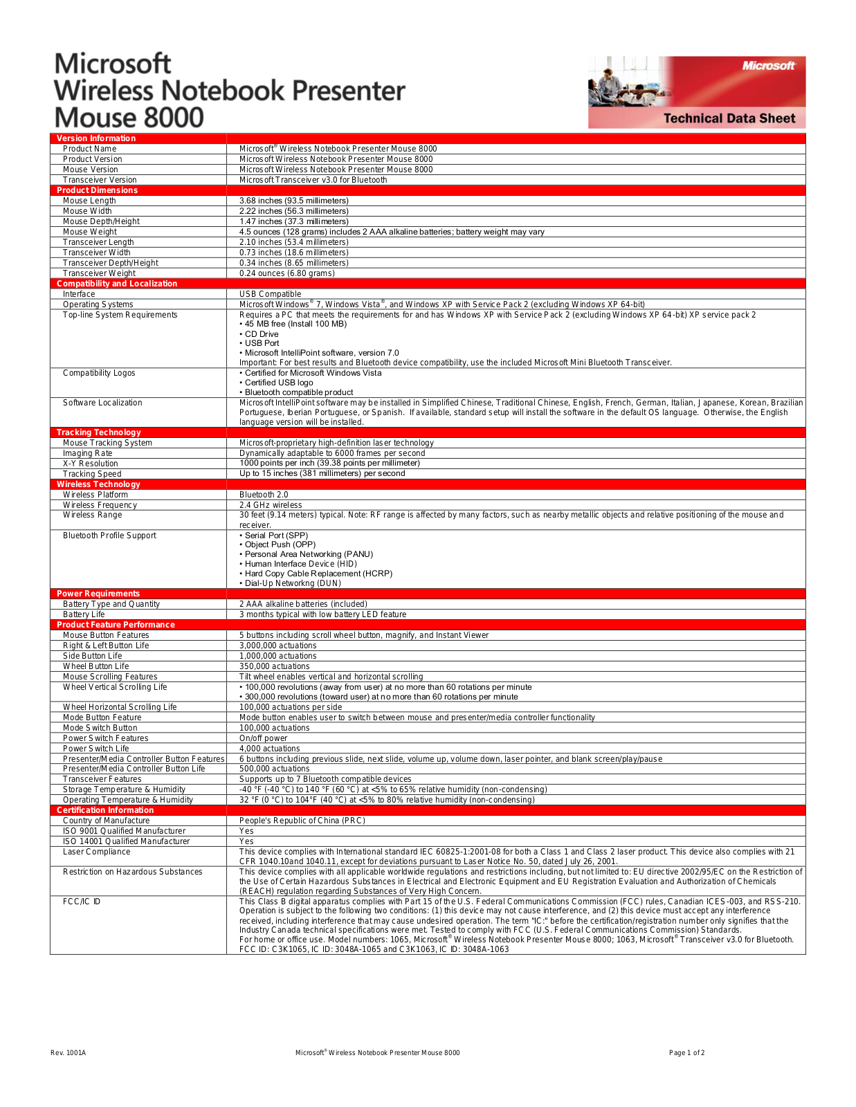 Microsoft WIRELESS NOTEBOOK PRESENTER MOUSE 8000 DATASHEET