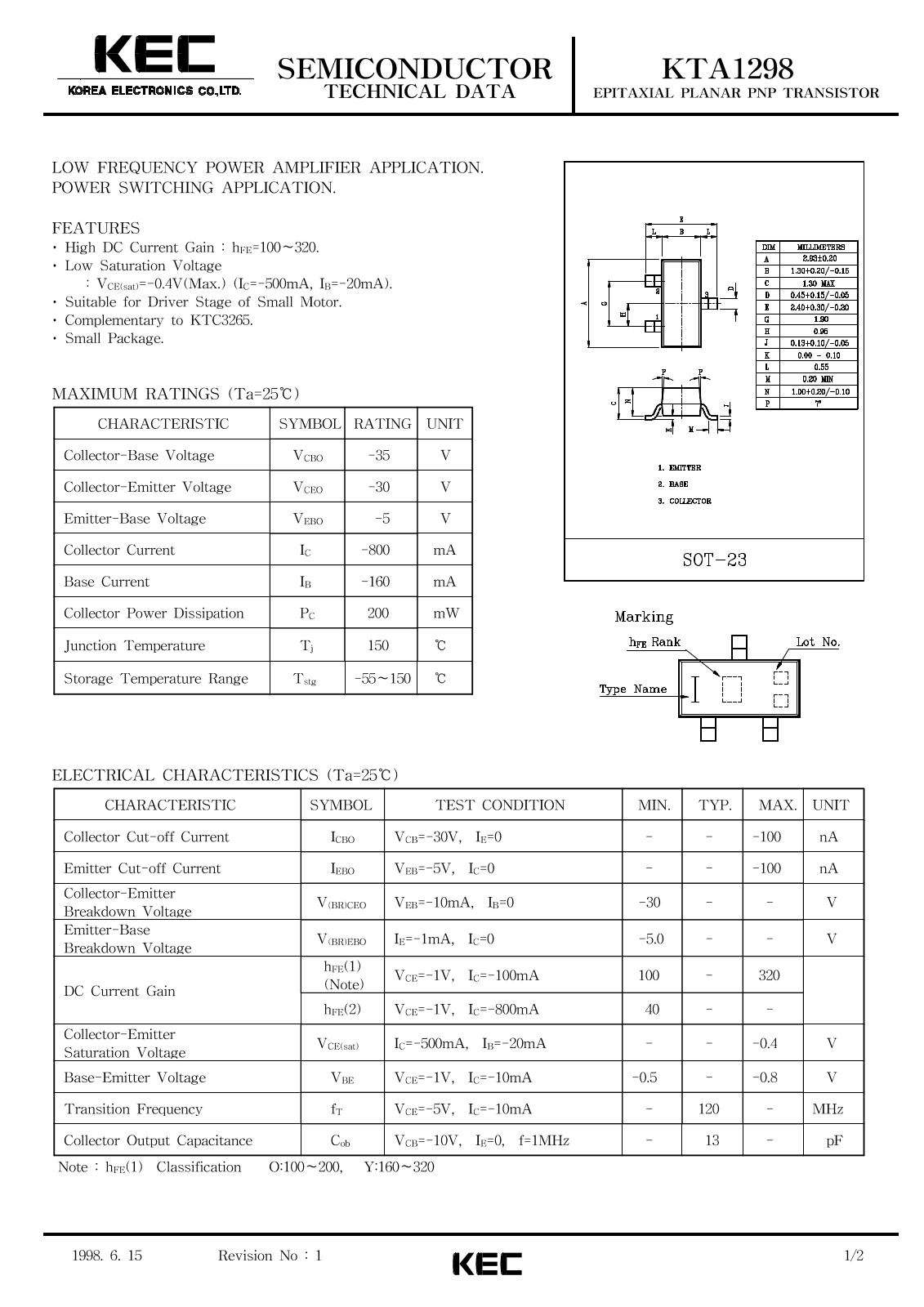 KEC KTA1298 Datasheet